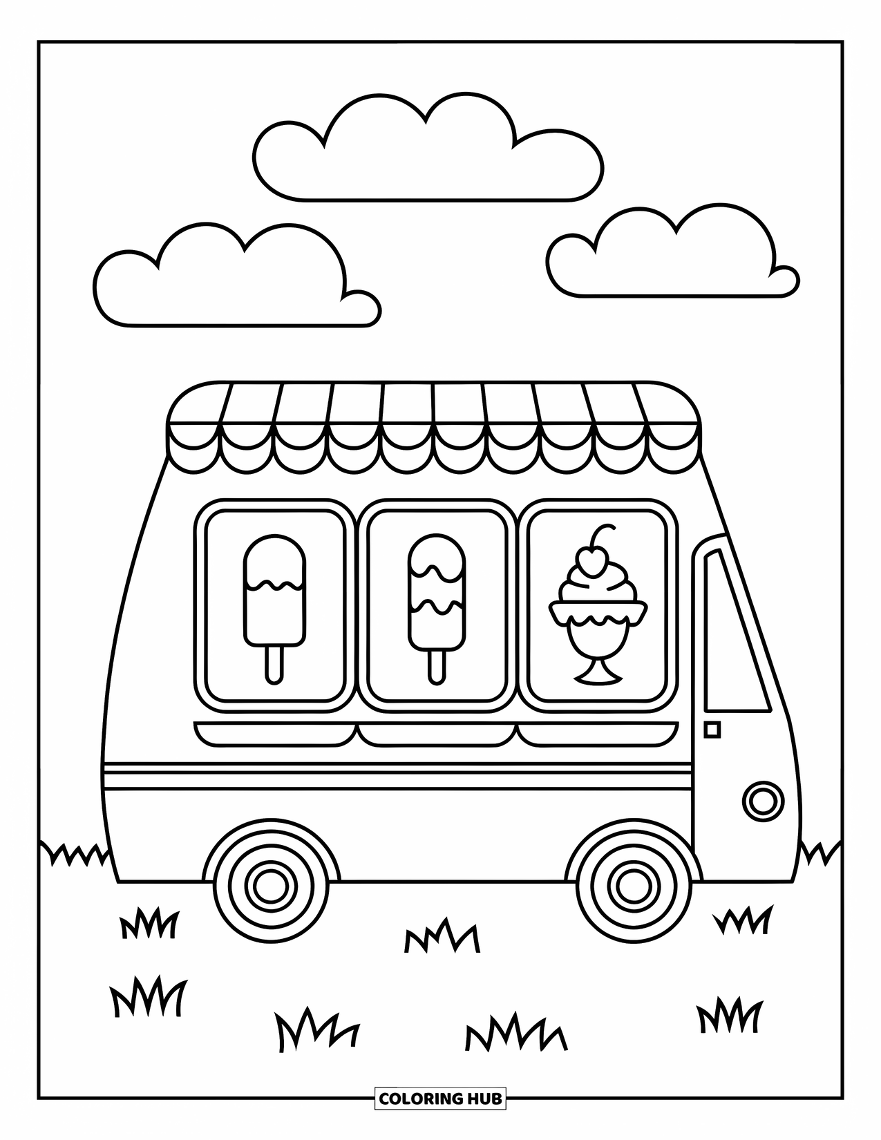 Ice Cream Truck Coloring Page for Kids: A playful truck with three treat windows and grassy ground under a bright sky