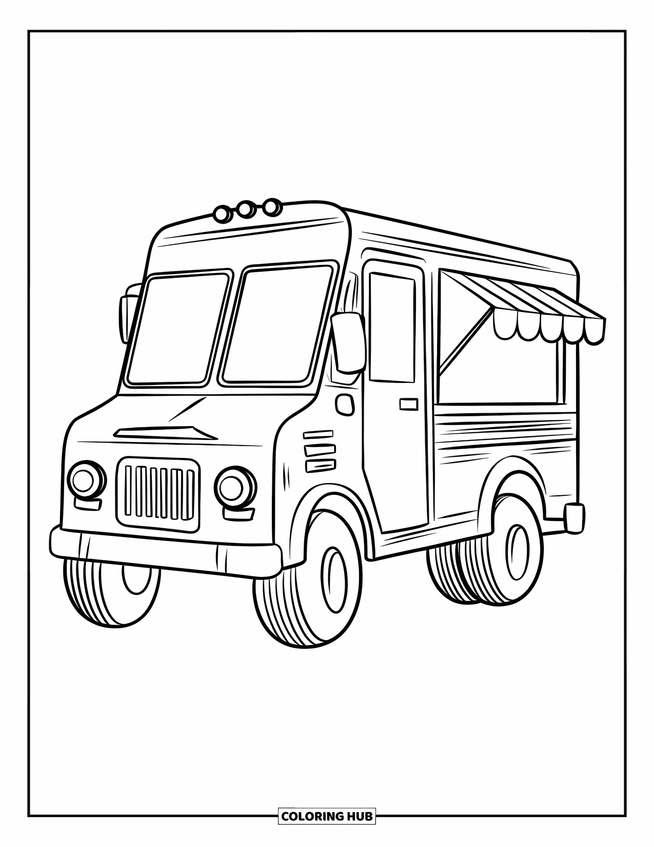 Ice Cream Truck Coloring Page for Kids: A side view of a cute ice cream truck with big wheels and a striped awning
