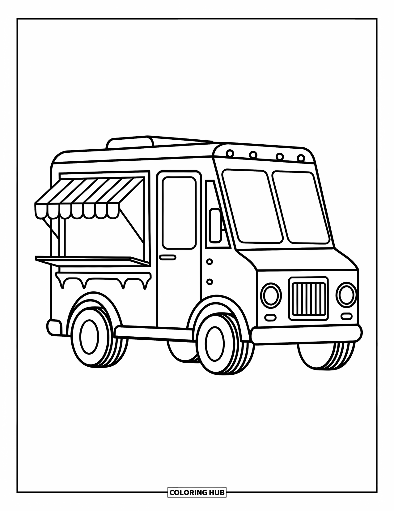 Ice Cream Truck Coloring Page for Kids: A simple ice cream truck with a striped awning and big wheels stands out cheerfully