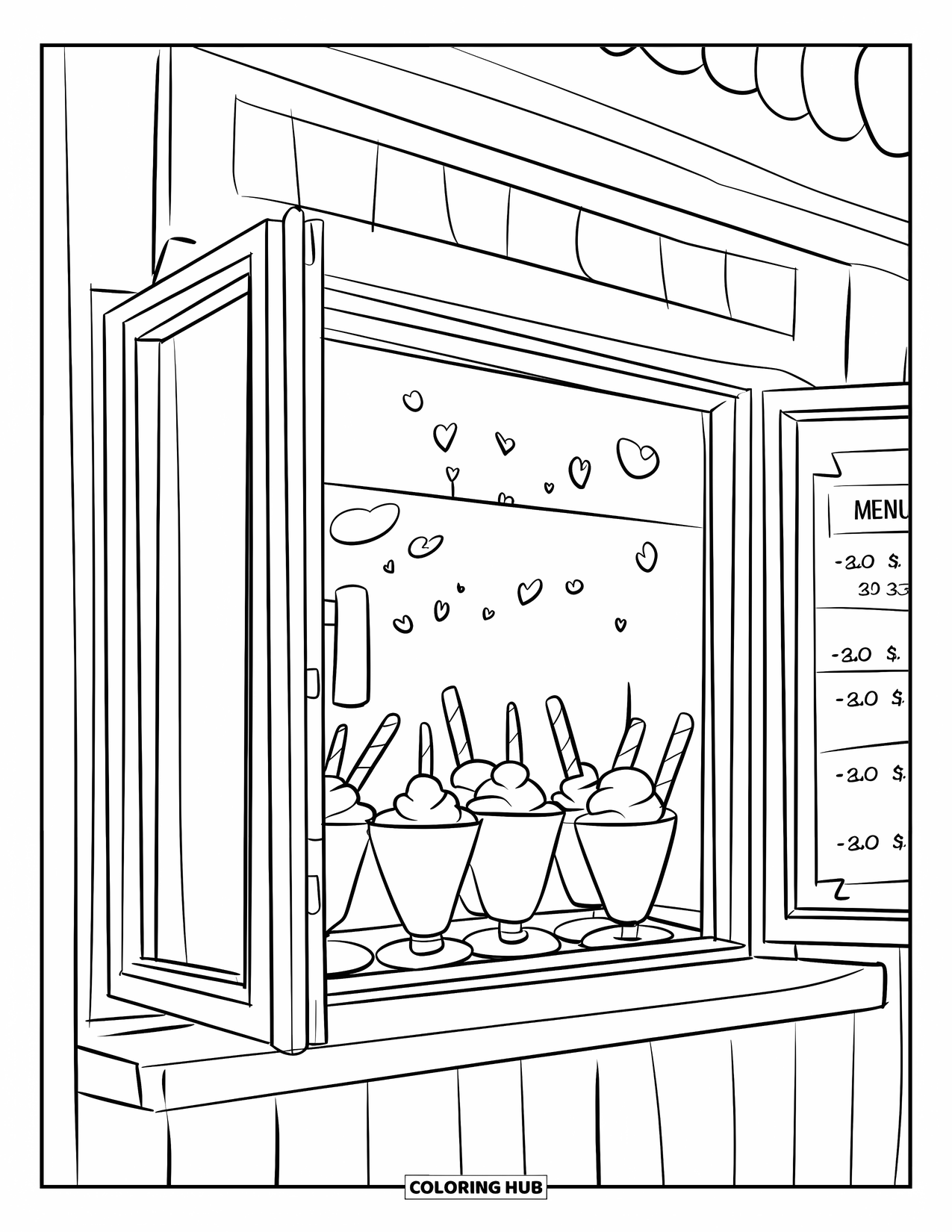 Ice Cream Truck Coloring Page for Kids: A sweet shop window with sundaes and a menu, ready for a summer treat