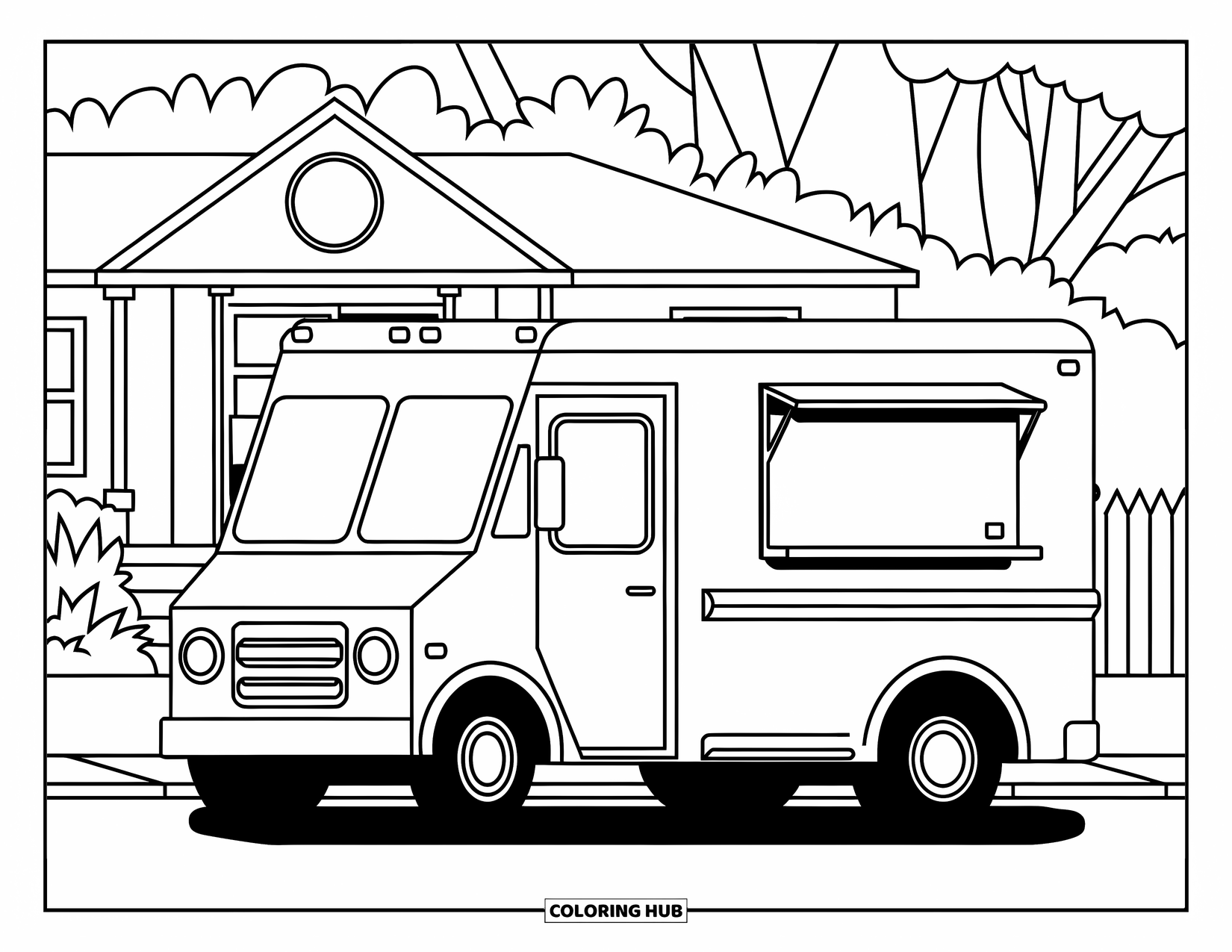Ice Cream Truck Coloring Page for Kids: A sweet truck and menu board stand outside a cozy home with plants and trees