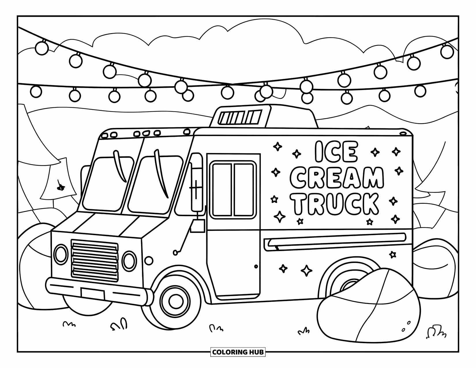 Ice Cream Truck Coloring Page for Kids: An ice cream truck under glowing string lights with soft bean bags nearby