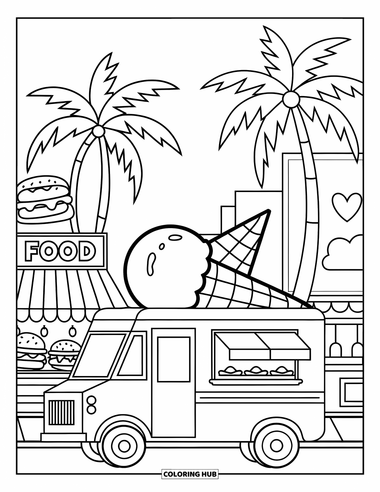 Ice Cream Truck Coloring Page for Kids: An ice cream truck with a giant cone parked near food stands and tall palm trees