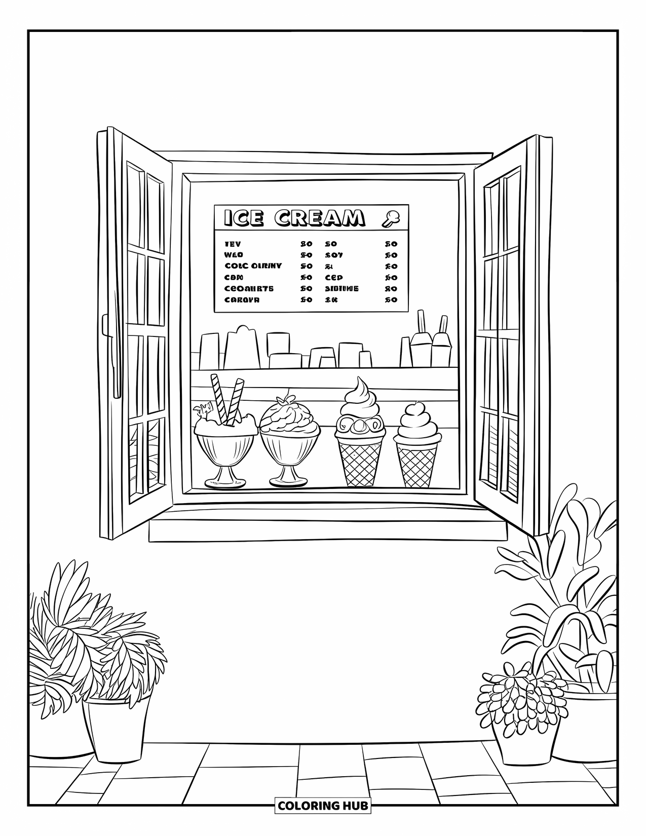 Ice Cream Truck Coloring Page for Kids: An open ice cream shop window showing sundaes, cones, and a cute menu board