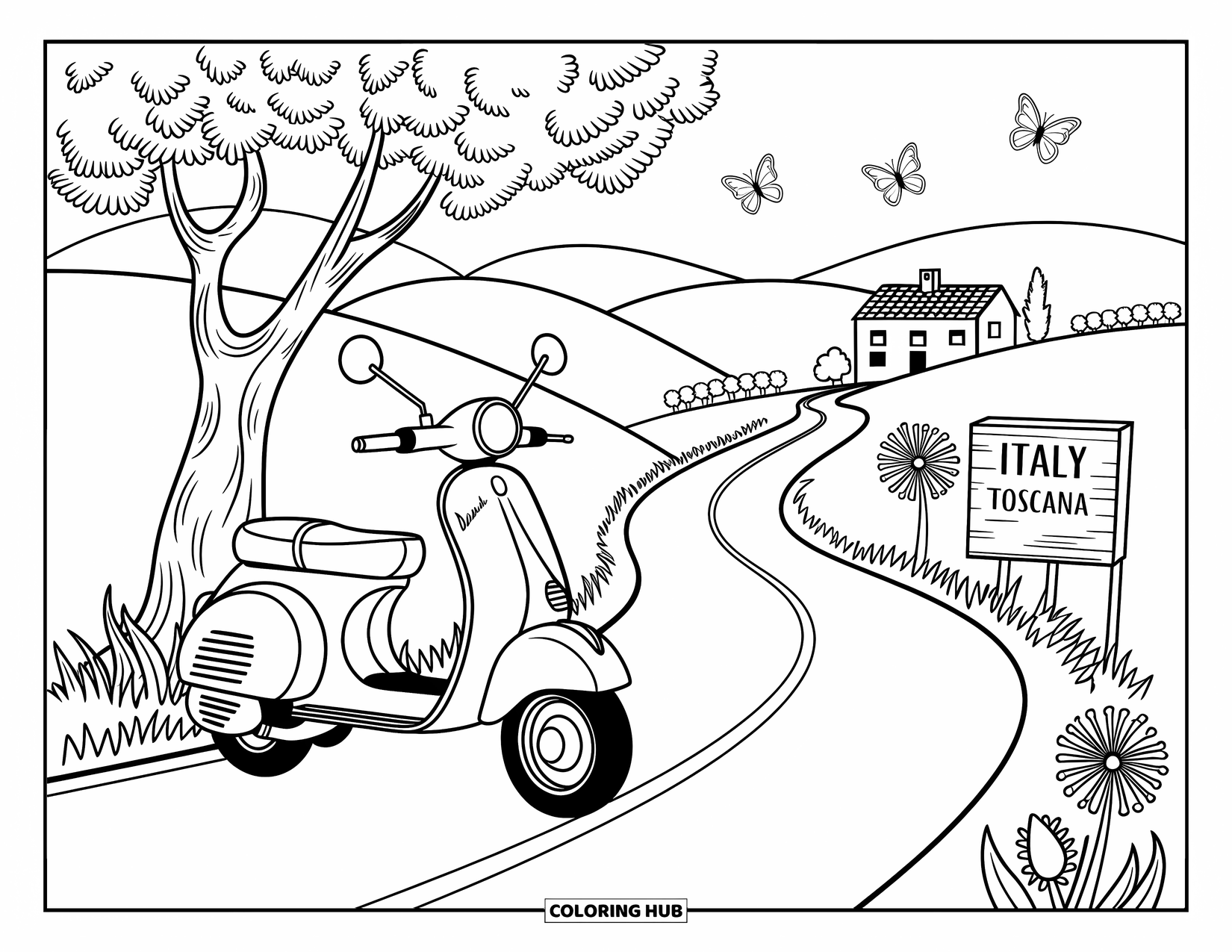 Italy Coloring Page for Adults: A cheerful Vespa parks under an olive tree with hills and a distant villa nearby