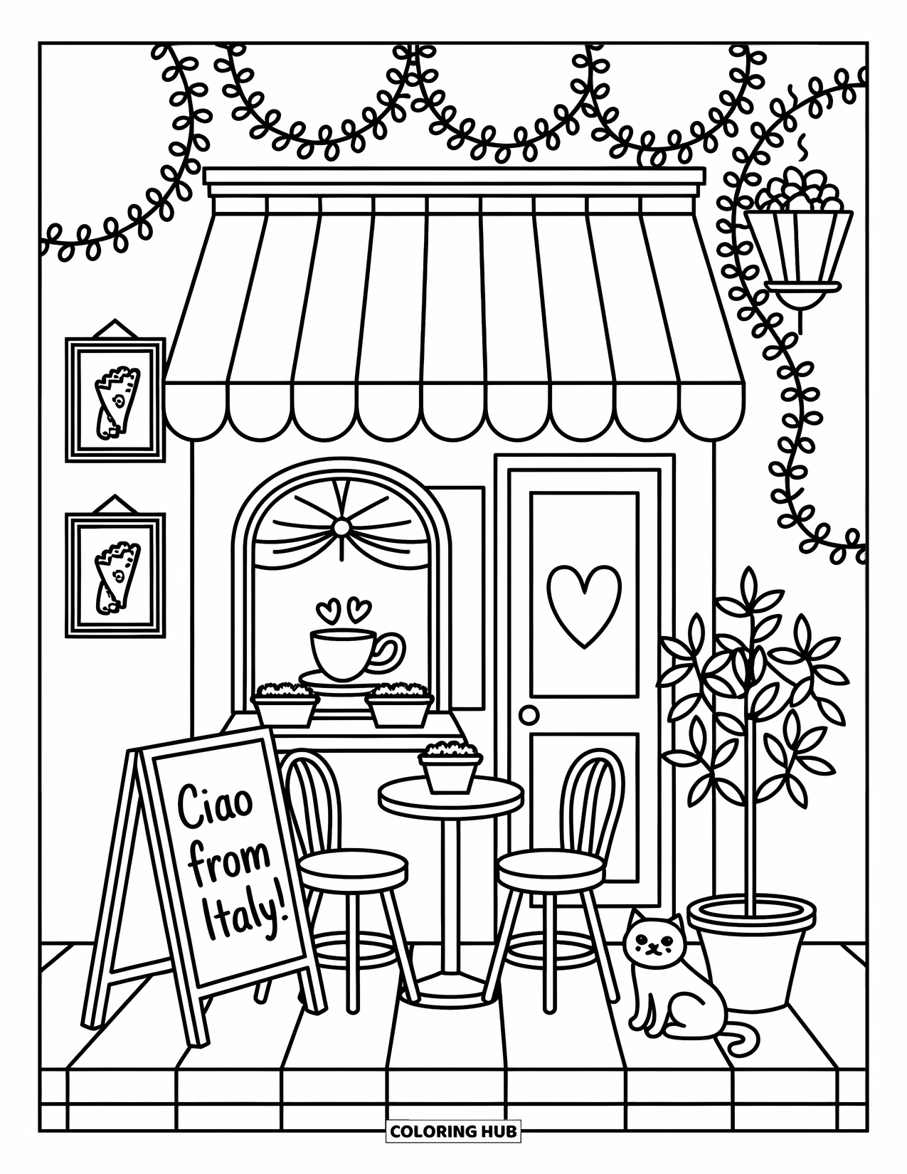 Italy Coloring Page for Adults: A cozy café scene features heart steam, ivy vines, and a sleepy little cat