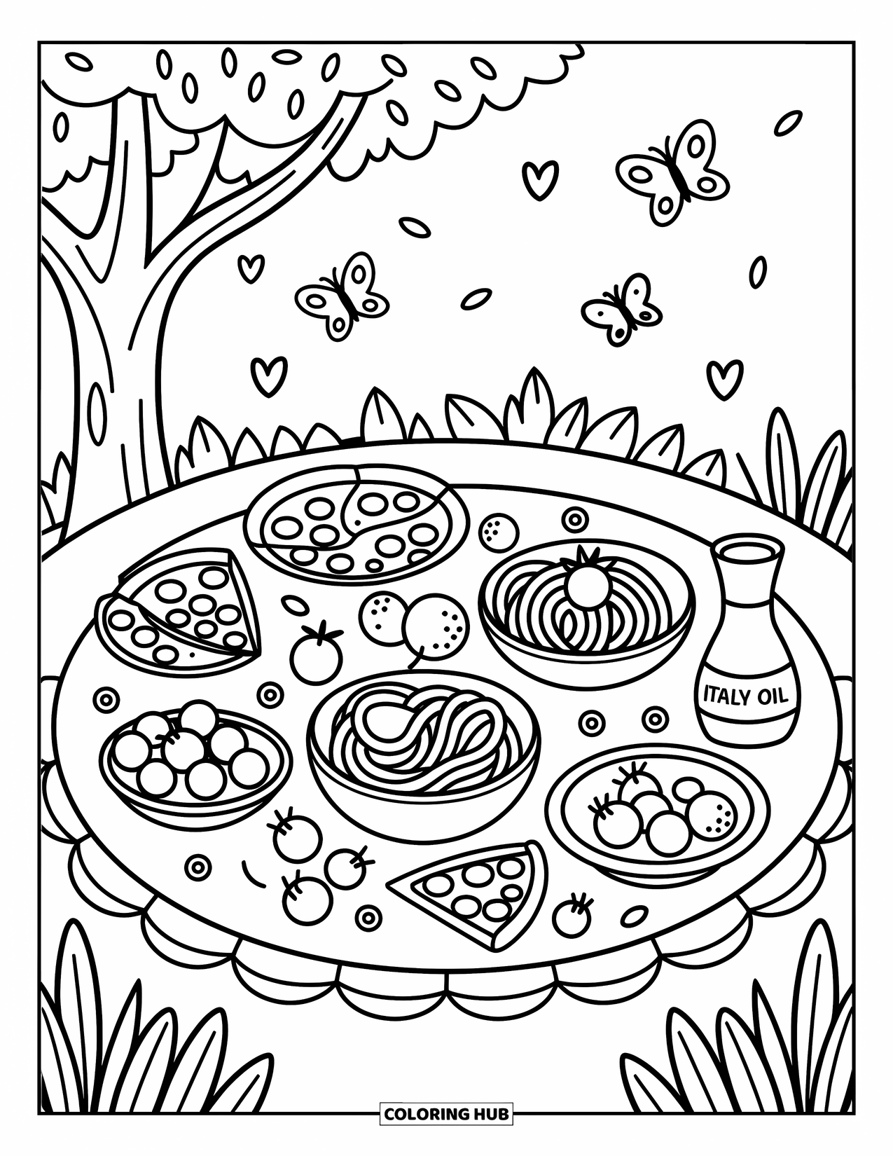 Italy Coloring Page for Adults: A cozy picnic features tiny Italian snacks and butterflies fluttering above