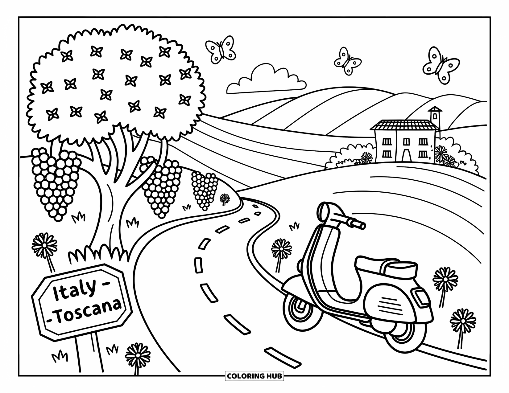 Italy Coloring Page for Adults: A cute Vespa rests under an olive tree along a winding Tuscan road