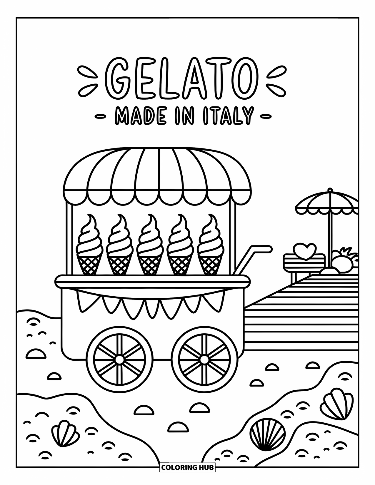 Italy Coloring Page for Adults: A happy gelato cart stands by seashells, rocks, and a shady bench