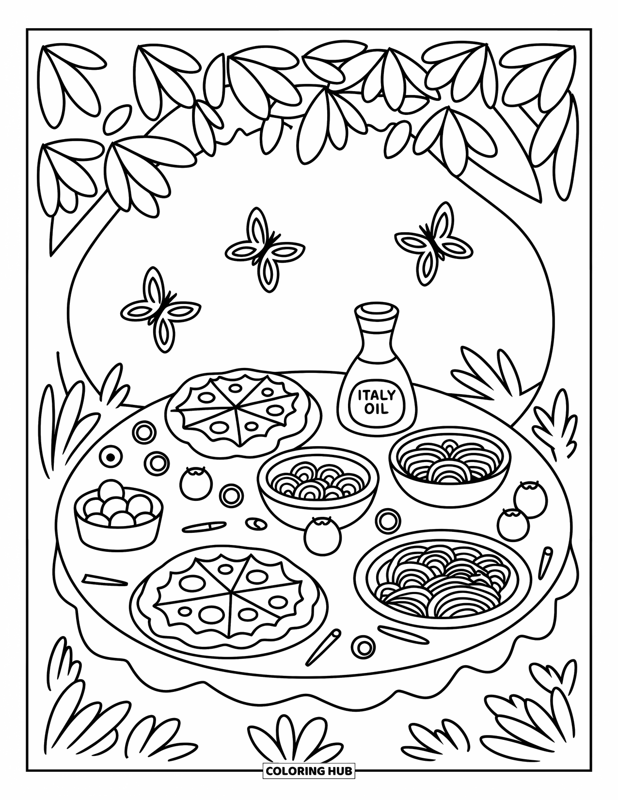 Italy Coloring Page for Adults: A picnic table is filled with cute pizzas, pasta, and a bottle of olive oil