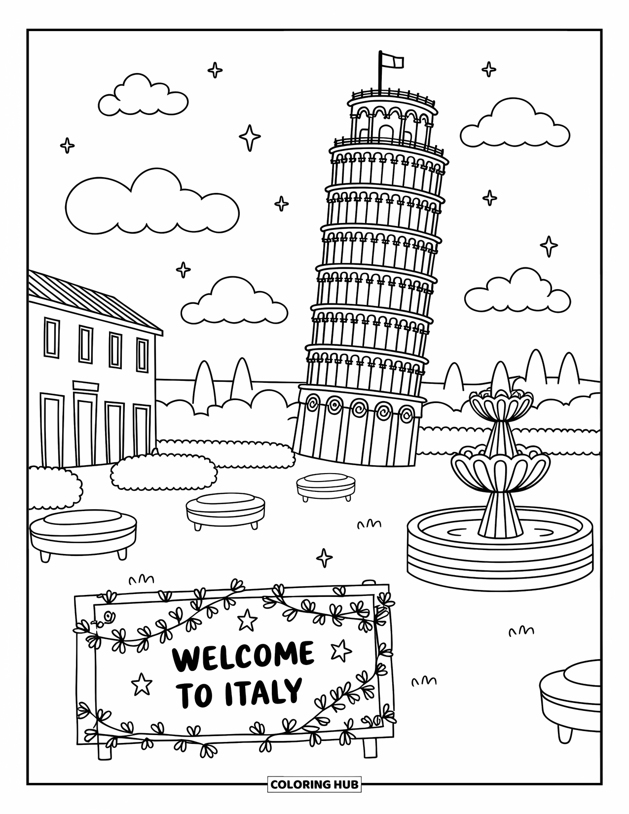 Italy Coloring Page for Adults: A playful tower leans near benches, bushes, and a blooming fountain