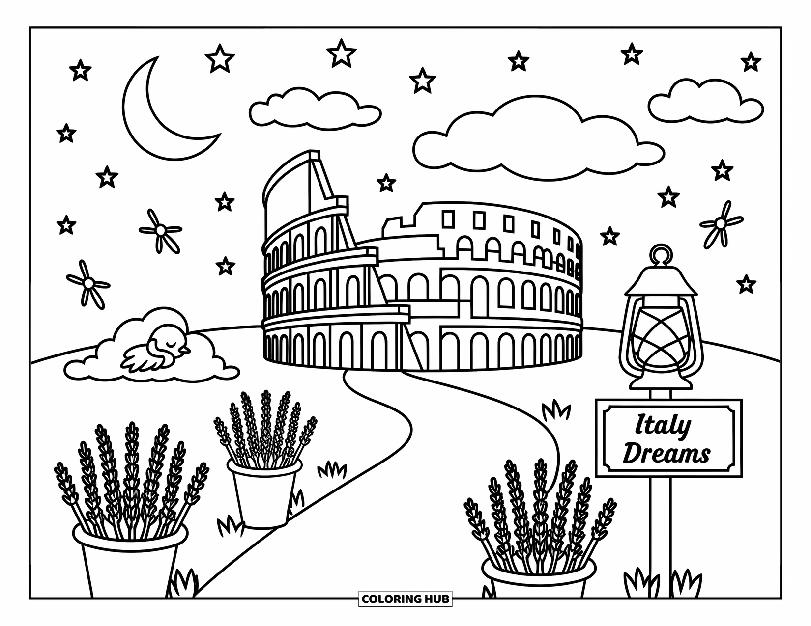Italy Coloring Page for Adults: A rounded Colosseum stands beneath stars, lavender paths, and a snoozing bird lantern