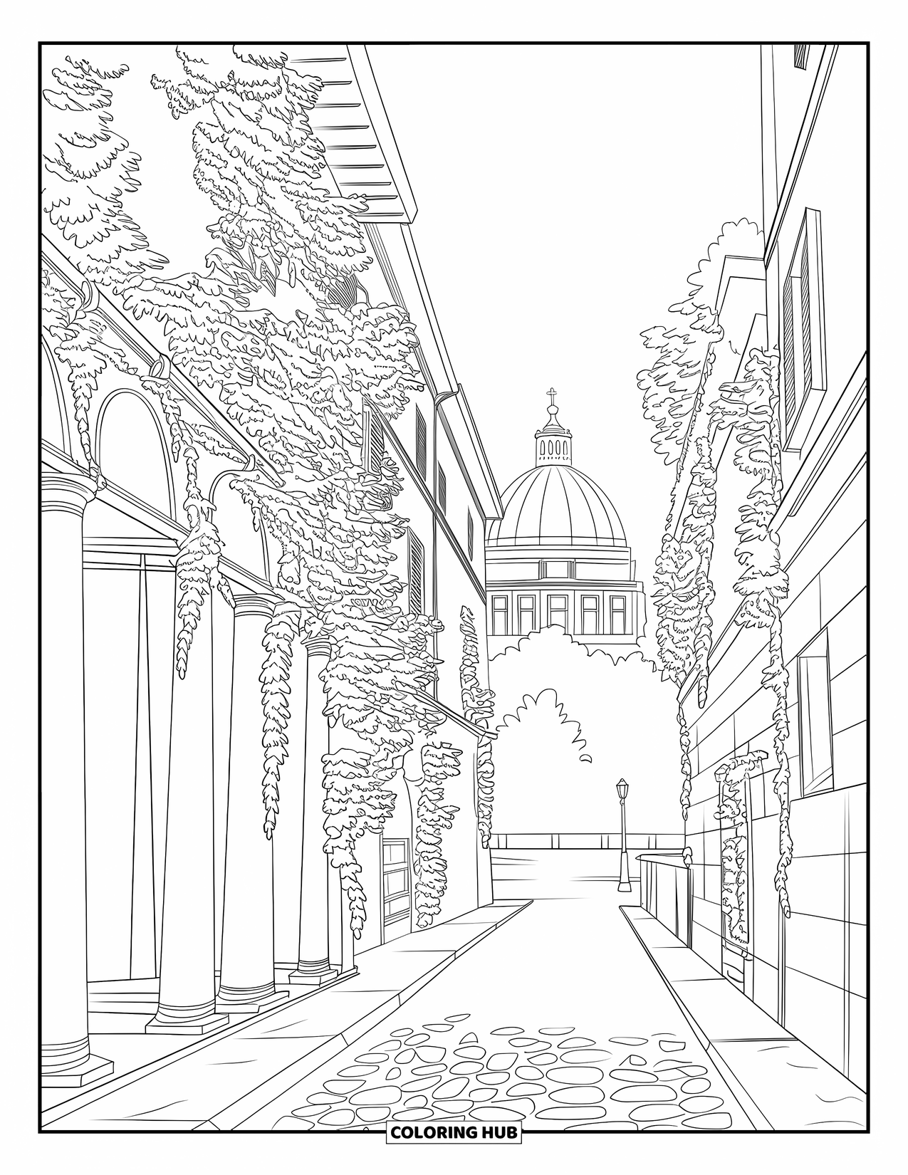 Italy Coloring Page for Adults: Columns and arches line a quiet ivy-covered Roman alley with the Pantheon beyond