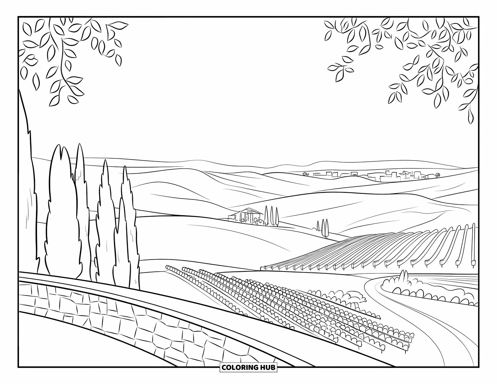 Italy Coloring Page for Adults: Grape-lined hills and winding roads fill the landscape from a Tuscan villa's terrace