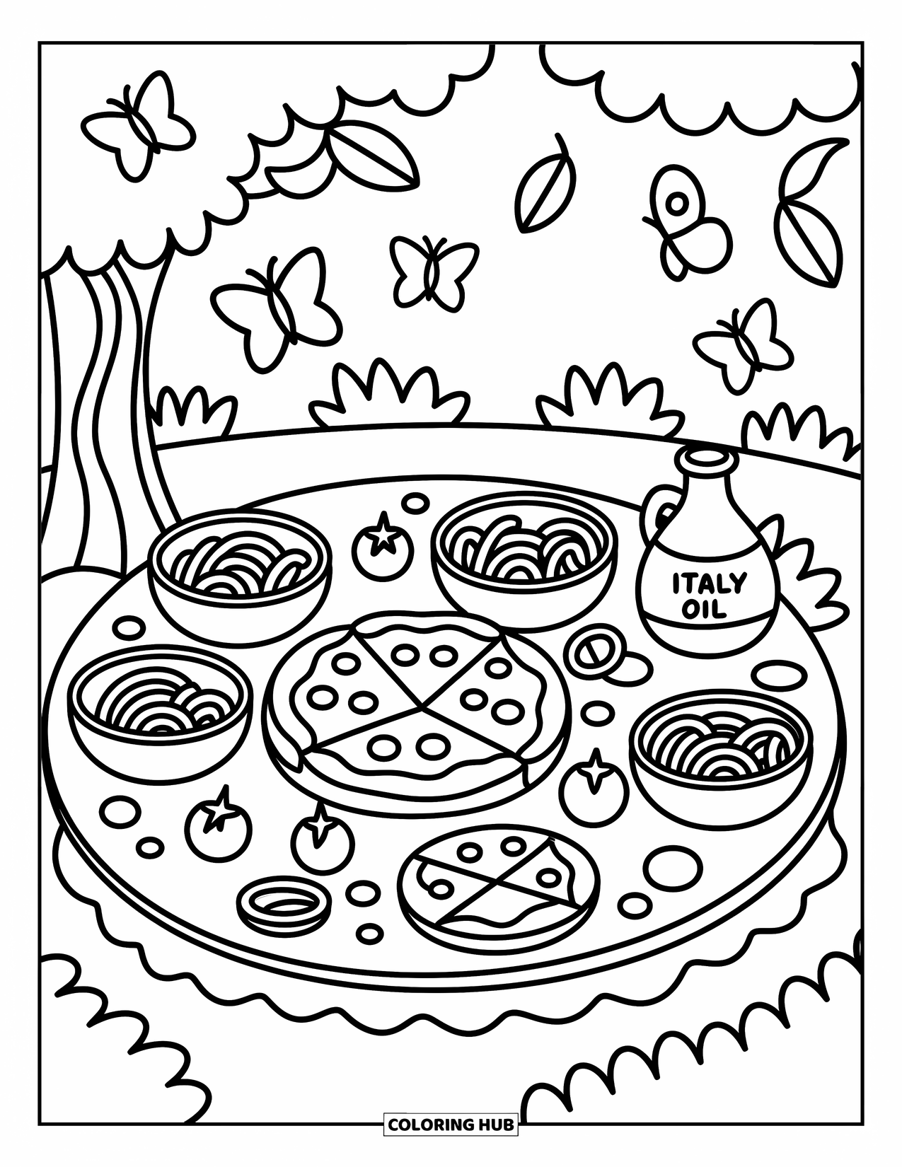 Italy Coloring Page for Adults: Mini foods and a bottle of "Italy Oil" rest under a tree at picnic time