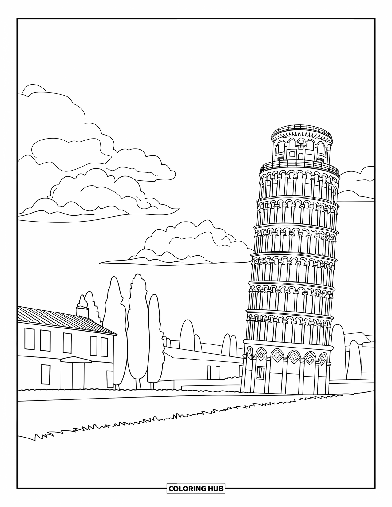 Italy Coloring Page for Adults: Pisa's tower leans with soft clouds and distant buildings completing the open backdrop