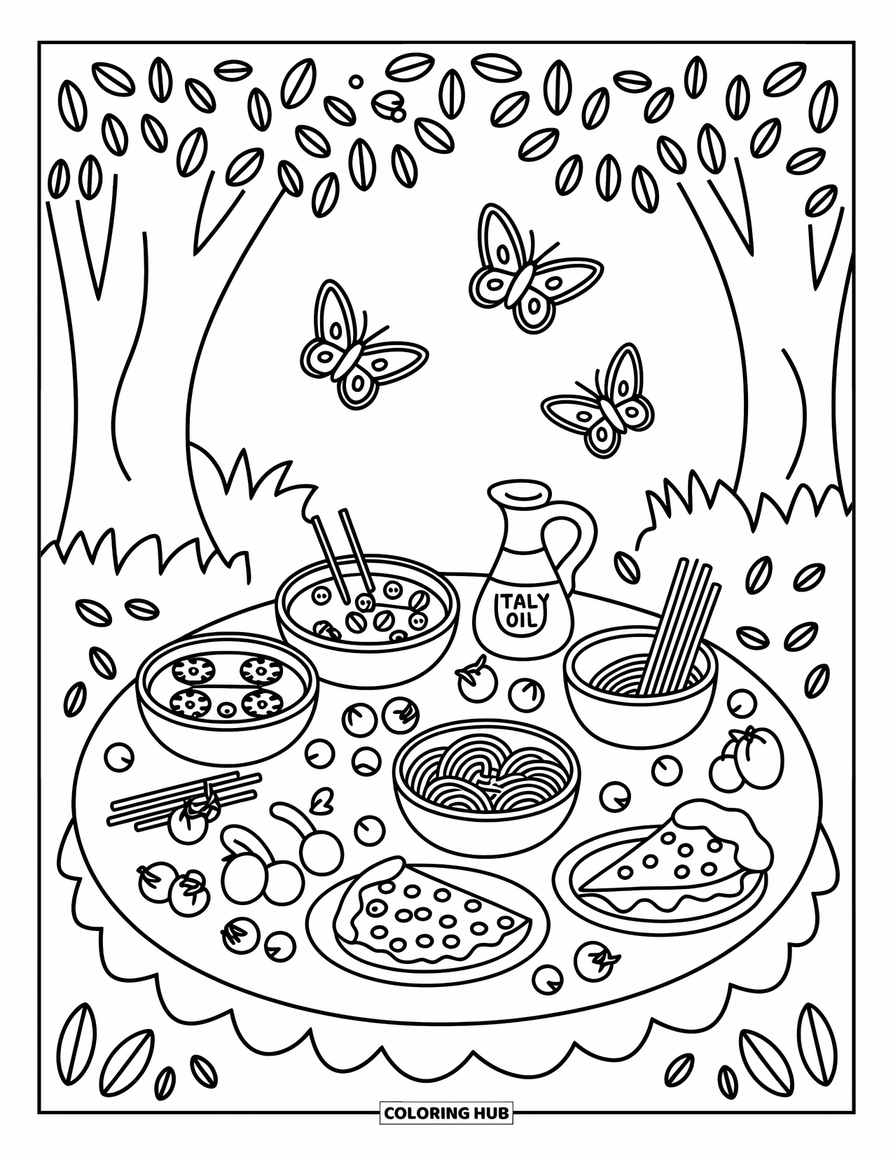 Italy Coloring Page for Adults: Pizza, pasta, and olives fill a picnic under a tree with butterflies nearby