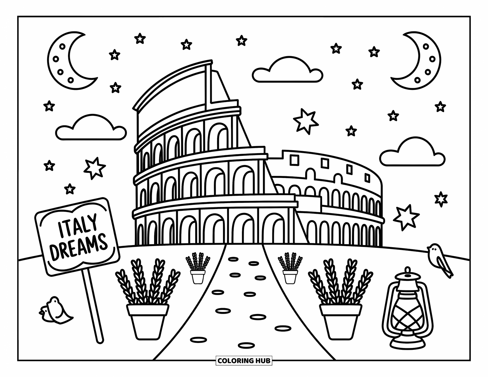 Italy Coloring Page for Adults: Stars twinkle over a cute Colosseum with potted lavender and a sleepy bird