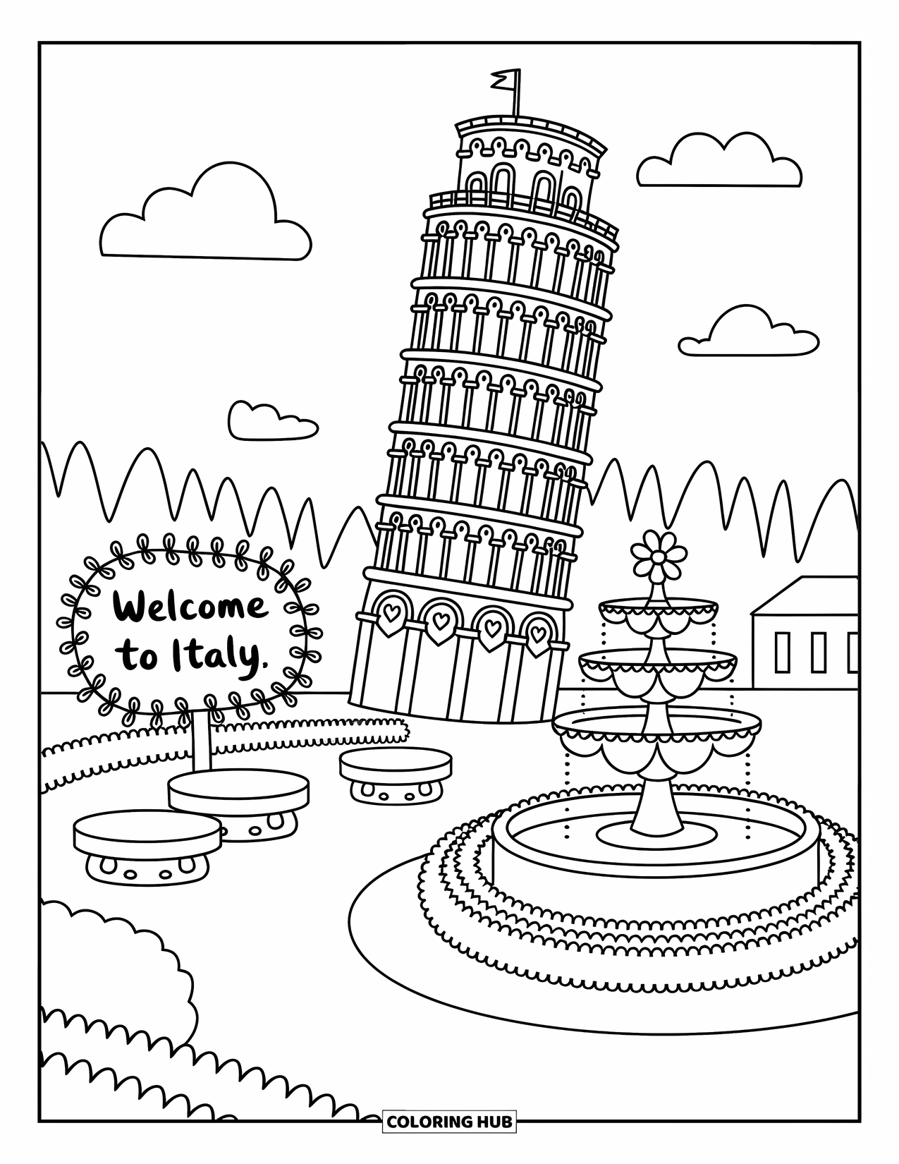 Italy Coloring Page for Adults: The Leaning Tower tilts beside a plaza with a flower-shaped fountain and benches