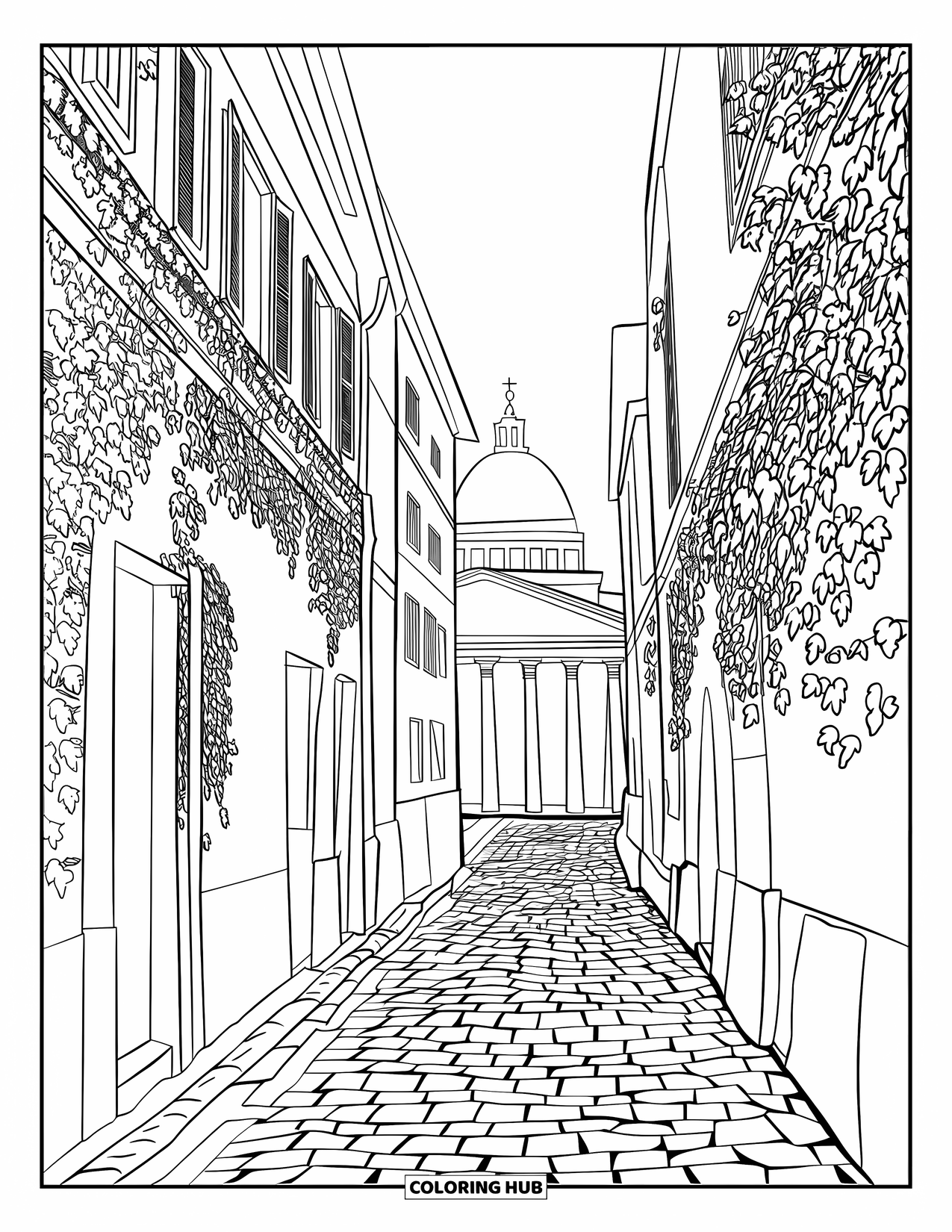 Italy Coloring Page for Adults: The Pantheon dome peeks over rooftops as ivy lines a calm cobblestone street