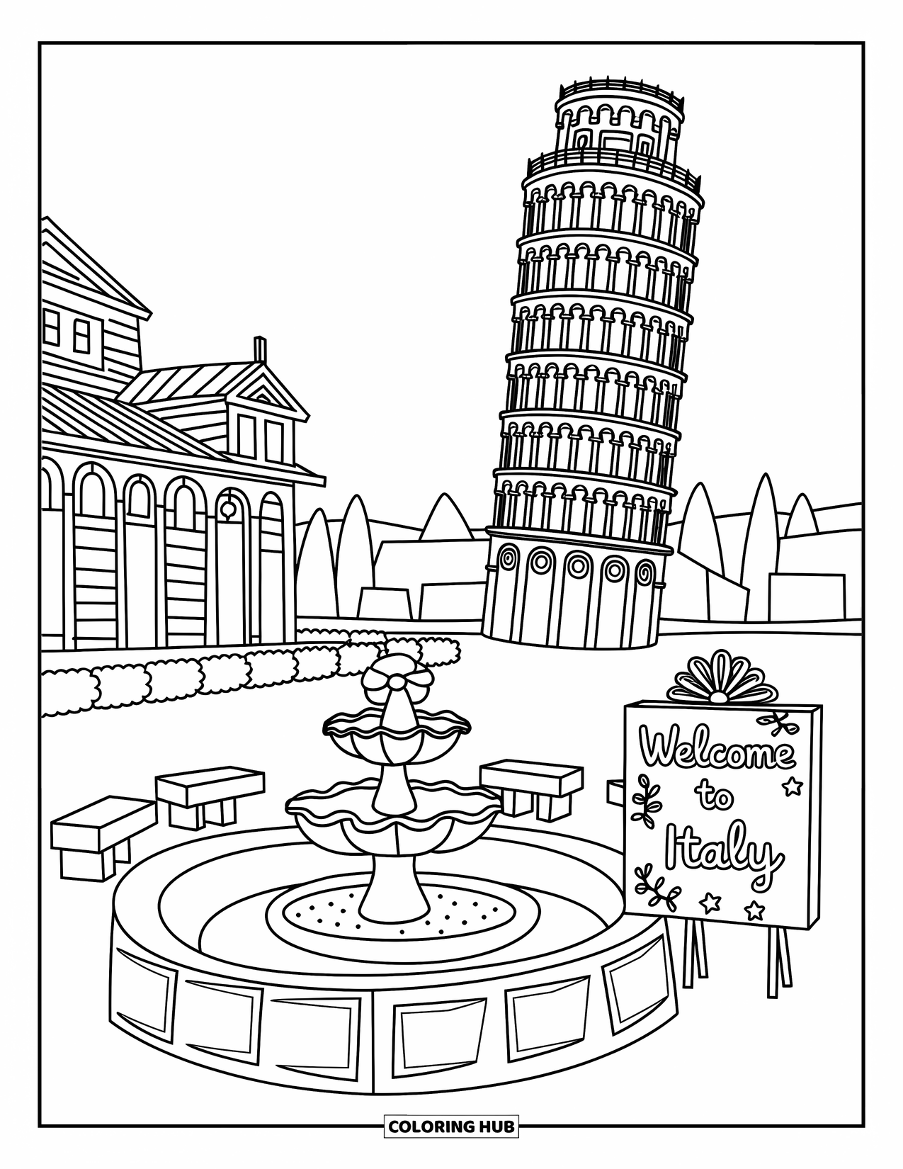 Italy Coloring Page for Adults: The Pisa Tower stands near a cozy plaza with stars, vines, and a fountain
