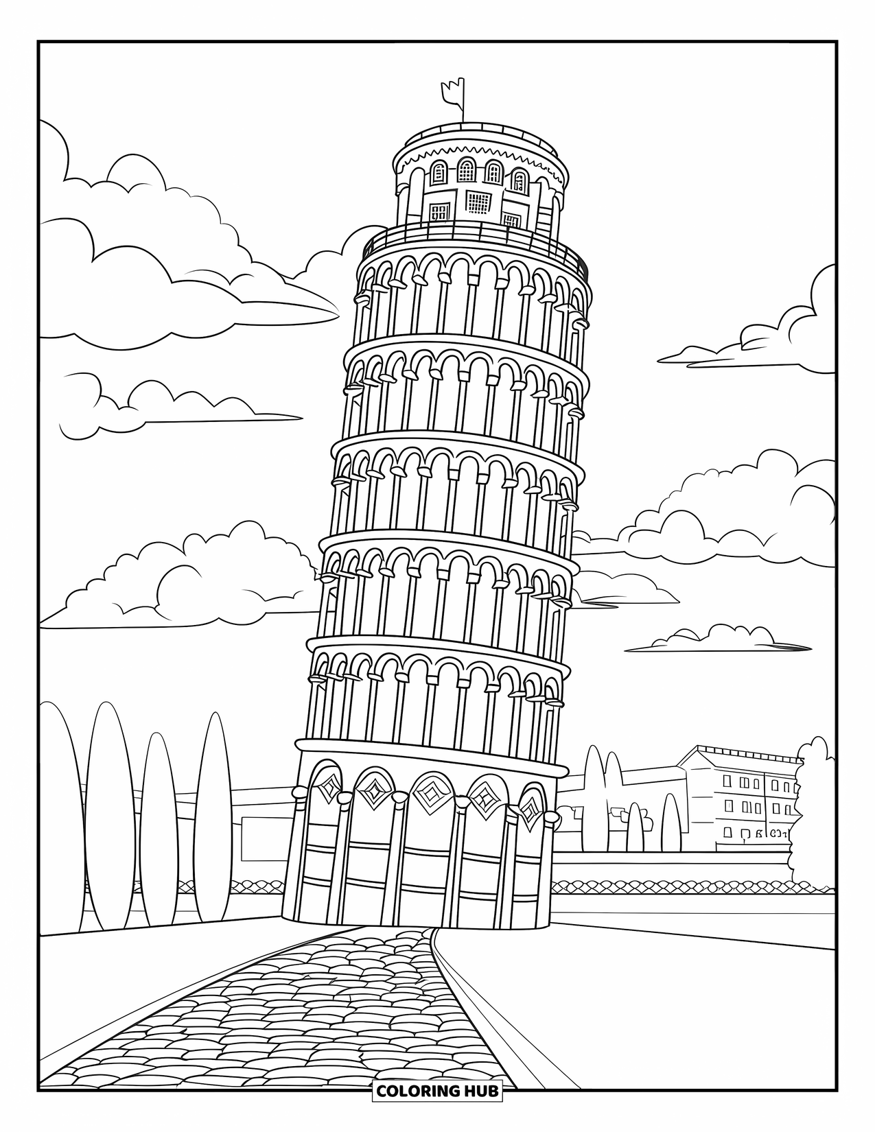 Italy Coloring Page for Adults: The tower of Pisa rises above cobblestones, cracks, and soft trees in a serene setting