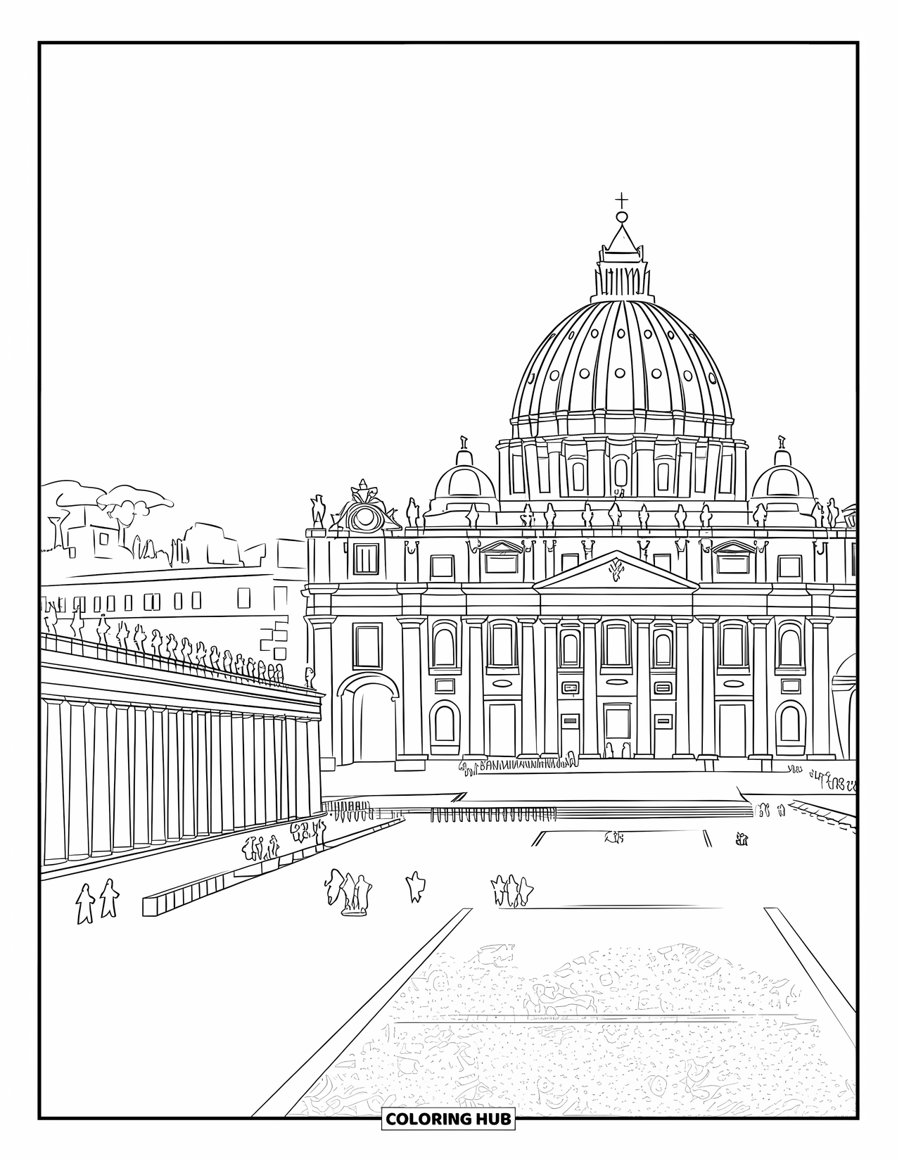 Italy Coloring Page for Adults: The Vatican's basilica dome rises above cobblestone paths and leafy surroundings