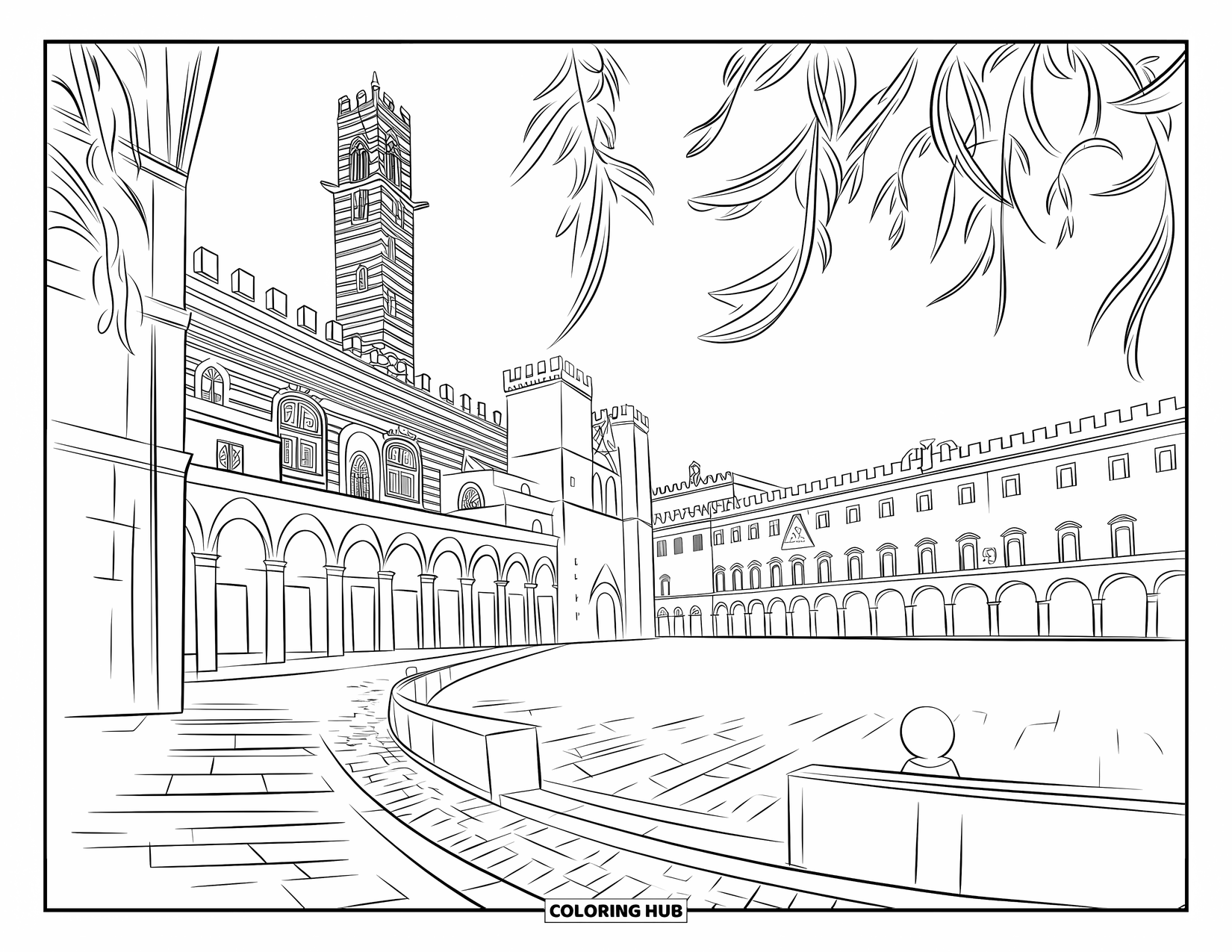 Italy Coloring Page for Adults: Towers and domes rise above the brick-laid Piazza del Campo in this serene overlook