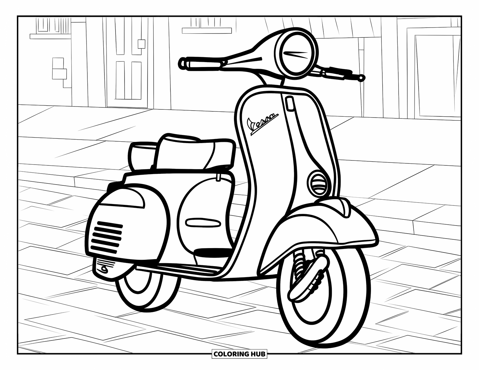 Italy Coloring Page for Kids: A big-wheeled Vespa stands on a cobbled street with buildings in the background
