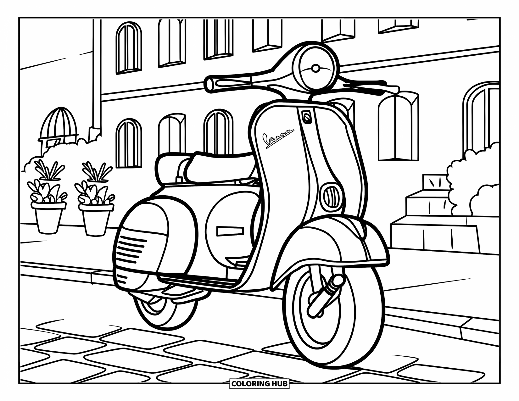 Italy Coloring Page for Kids: A cartoon-style Vespa with big wheels rests on a cobbled street and potted plants
