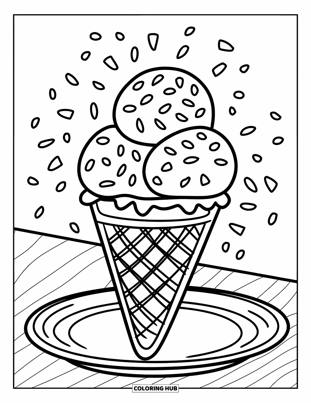 Italy Coloring Page for Kids: A cheerful gelato cone with three scoops sits on a plate with sprinkles