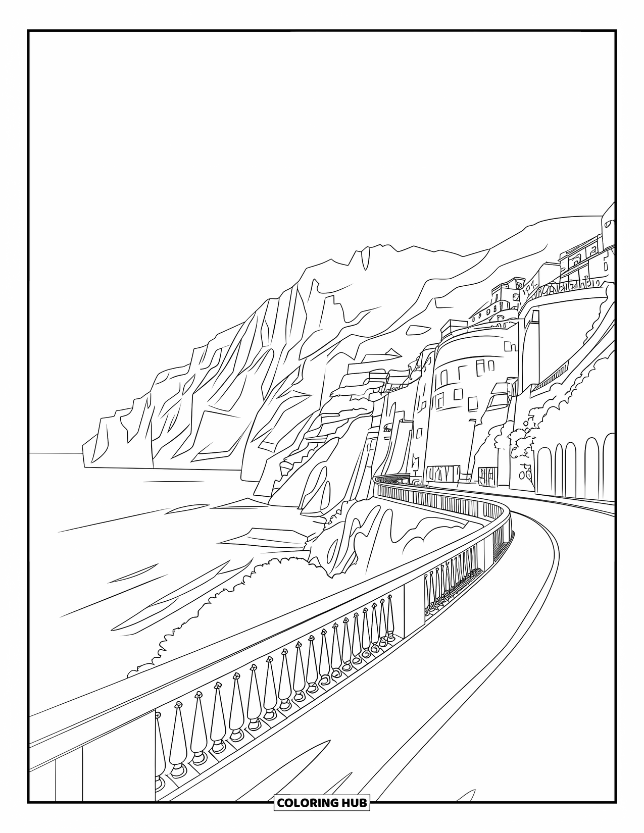Italy Coloring Page for Kids: A coastal drive along Amalfi cliffs reveals the ocean and hillside towns