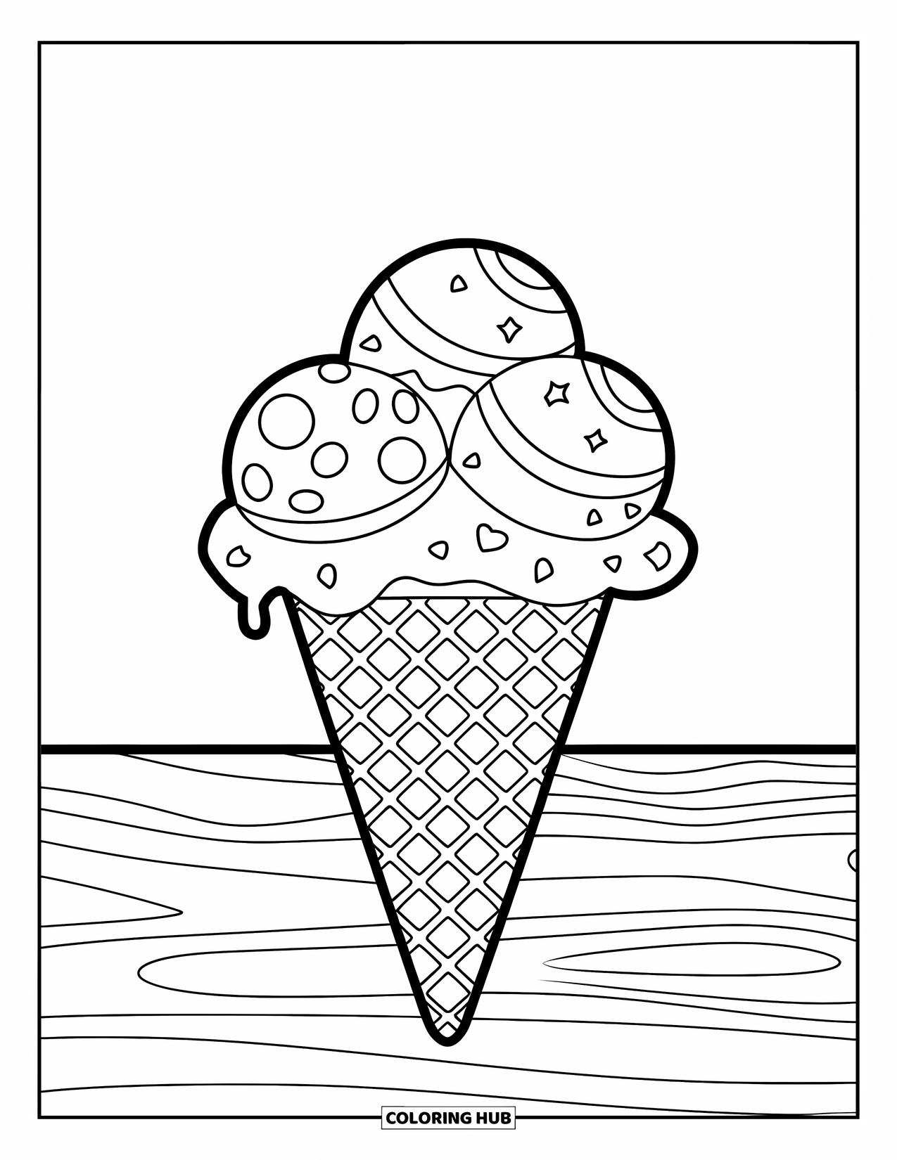 Italy Coloring Page for Kids: A gelato cone with scoops stands cheerfully on a plain white table