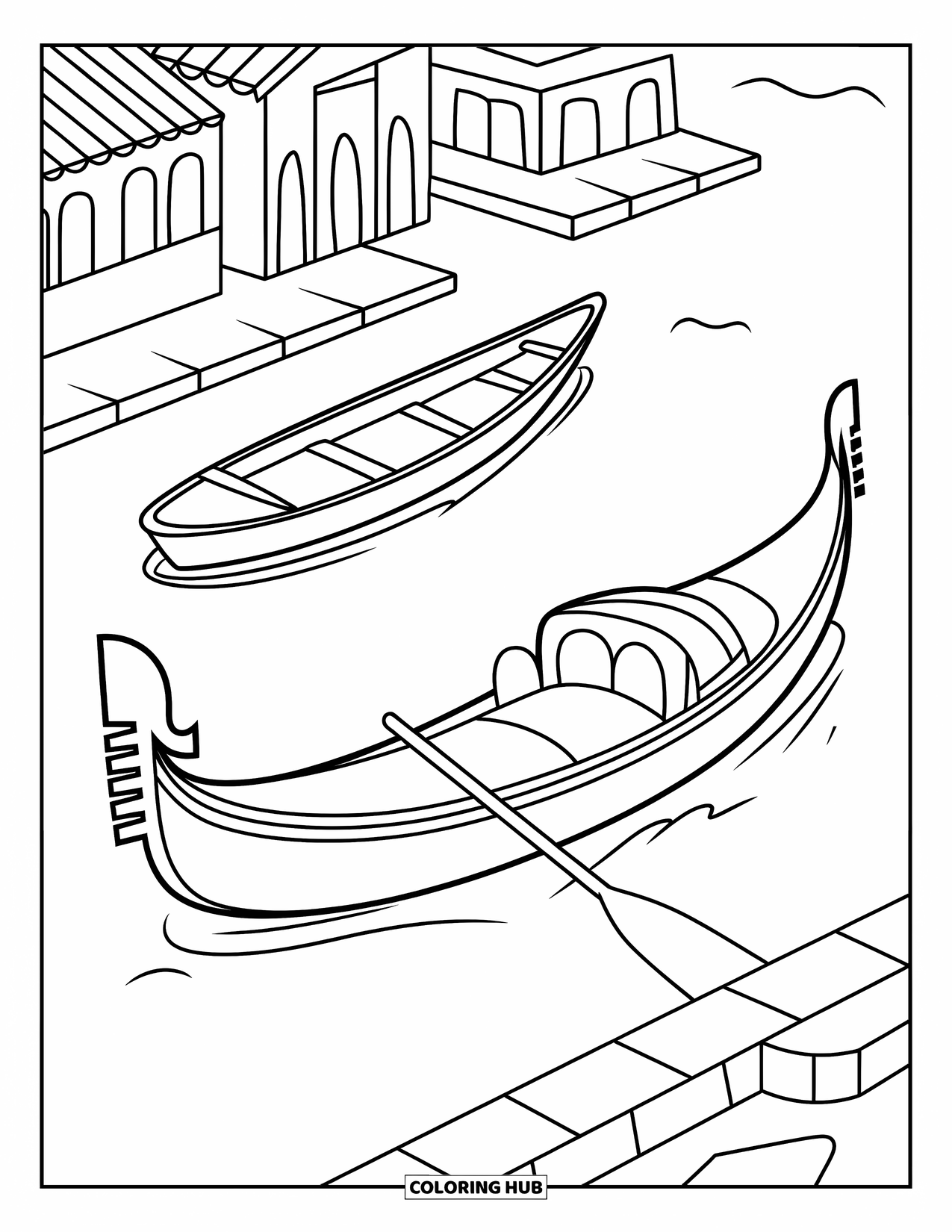 Italy Coloring Page for Kids: A gondola and rowboat drift through peaceful water near quiet city buildings