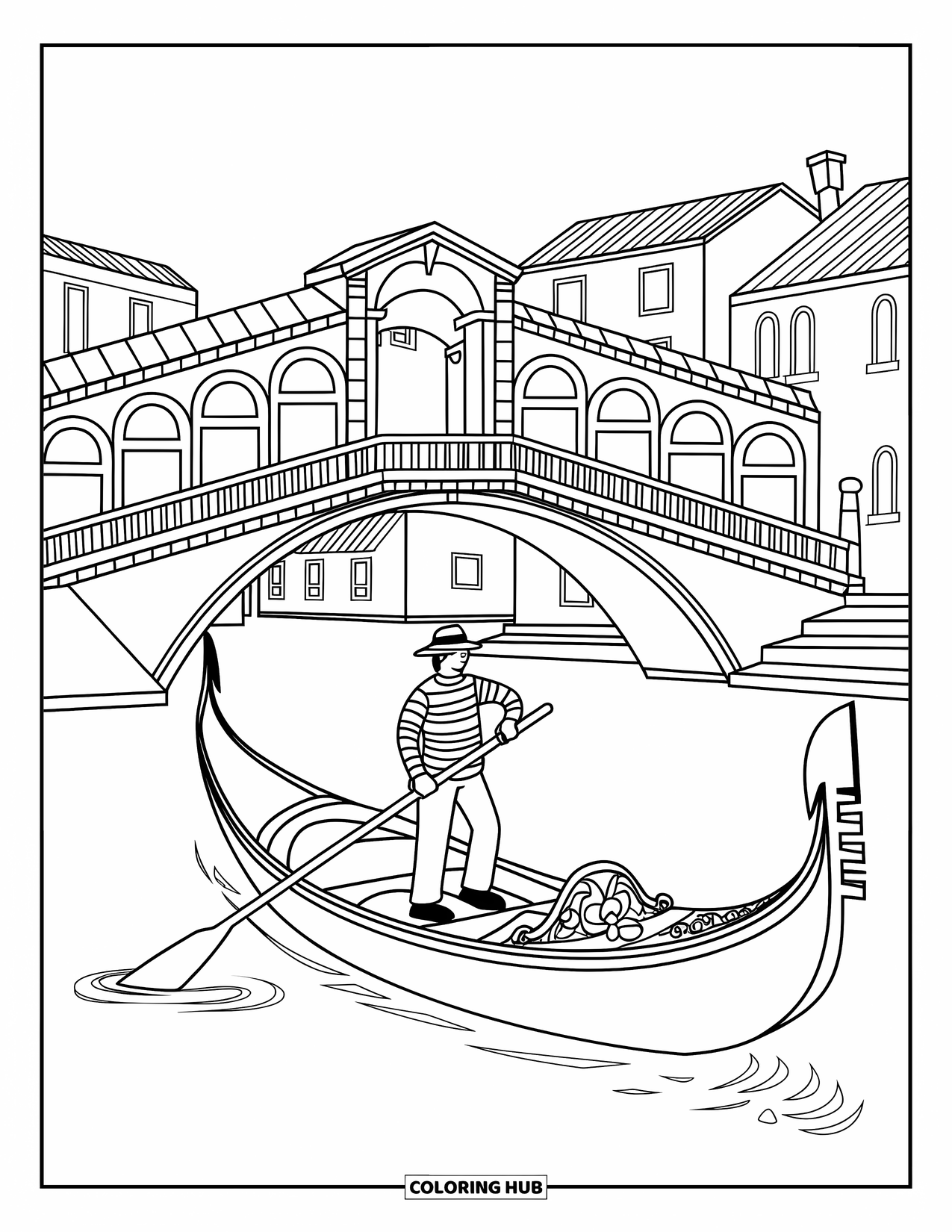 Italy Coloring Page for Kids: A gondola floats past bridges and red-roofed homes in serene Venice