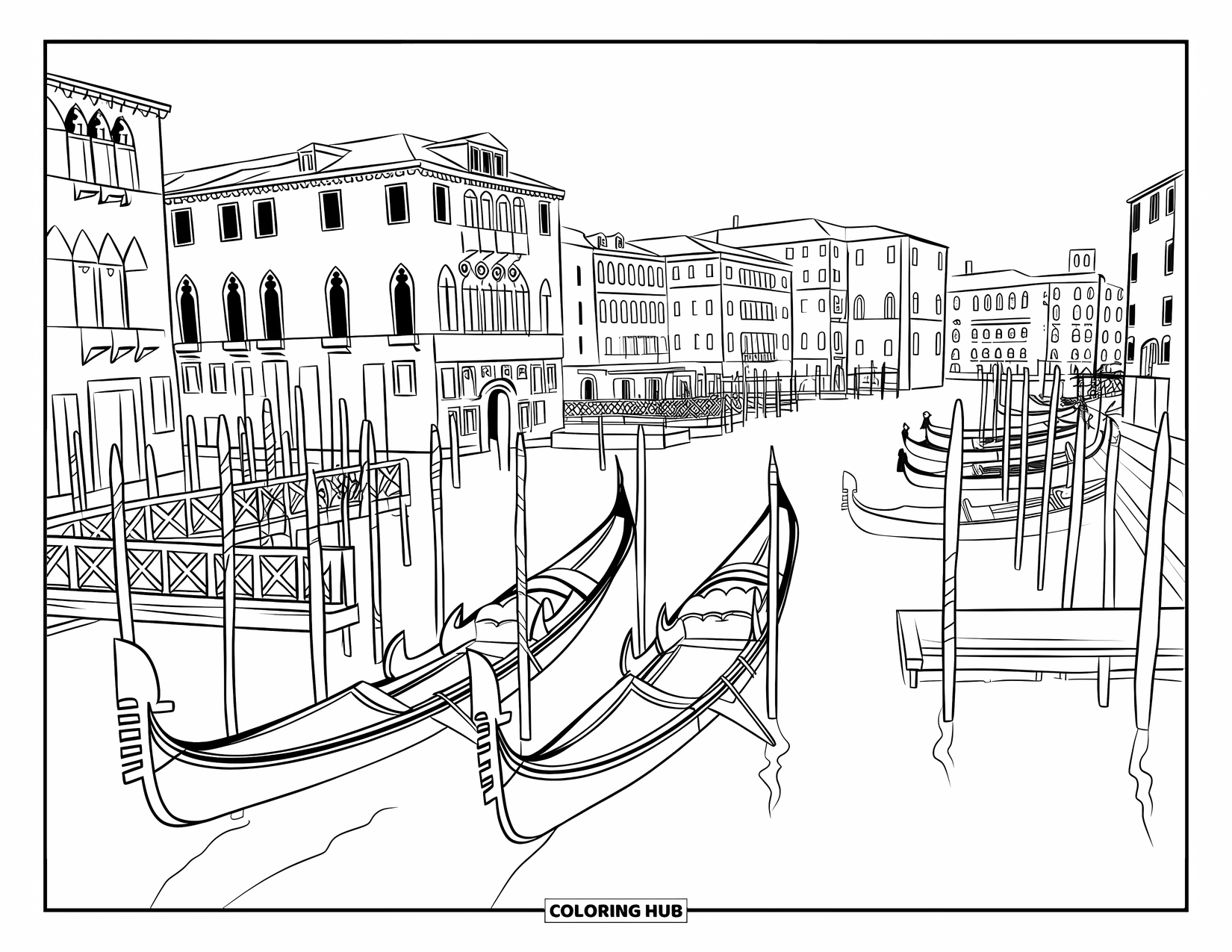 Italy Coloring Page for Kids: A panoramic Venice scene shows gondolas, bridges, and gondoliers in a lively canal setting
