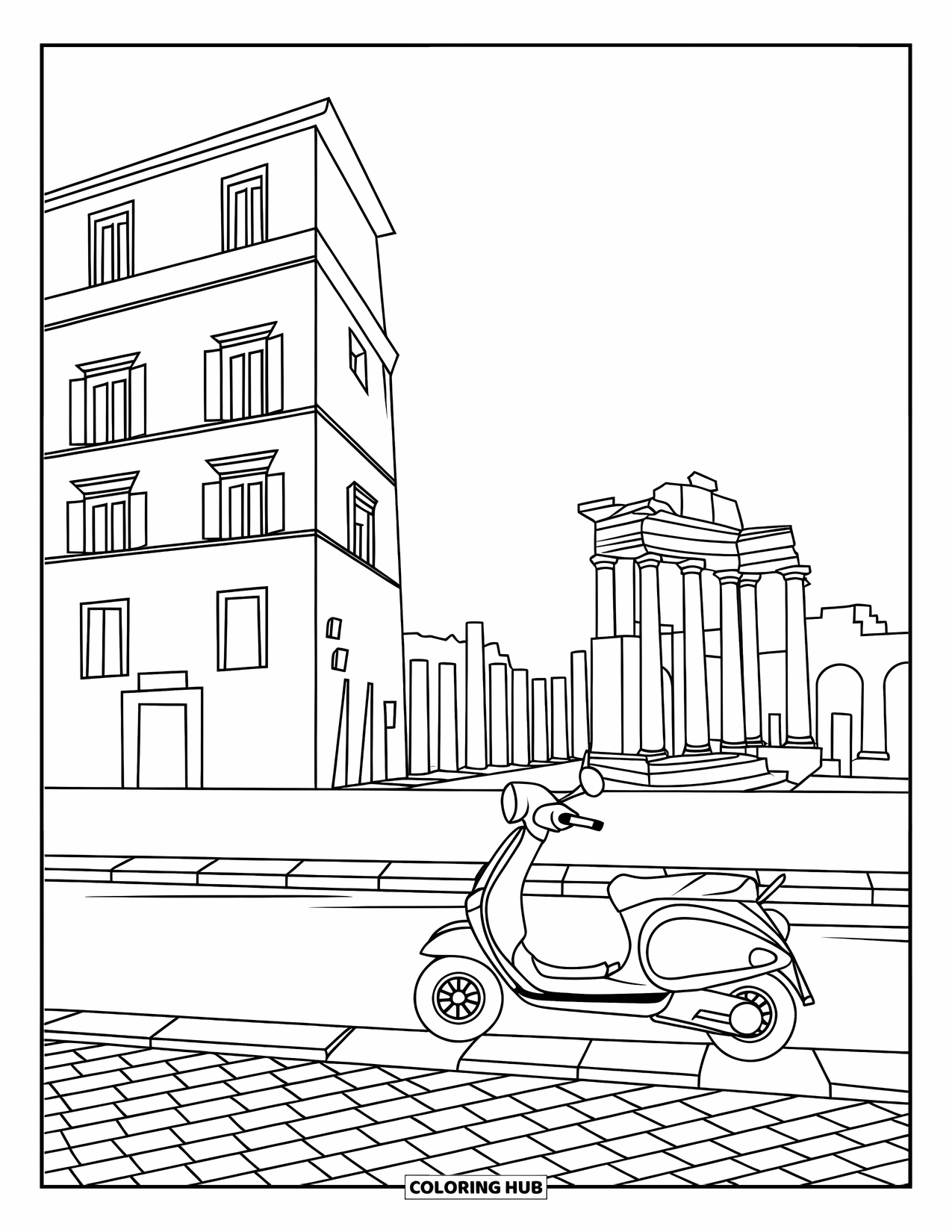 Italy Coloring Page for Kids: A Roman street scene includes a scooter near a tall building and ancient ruins