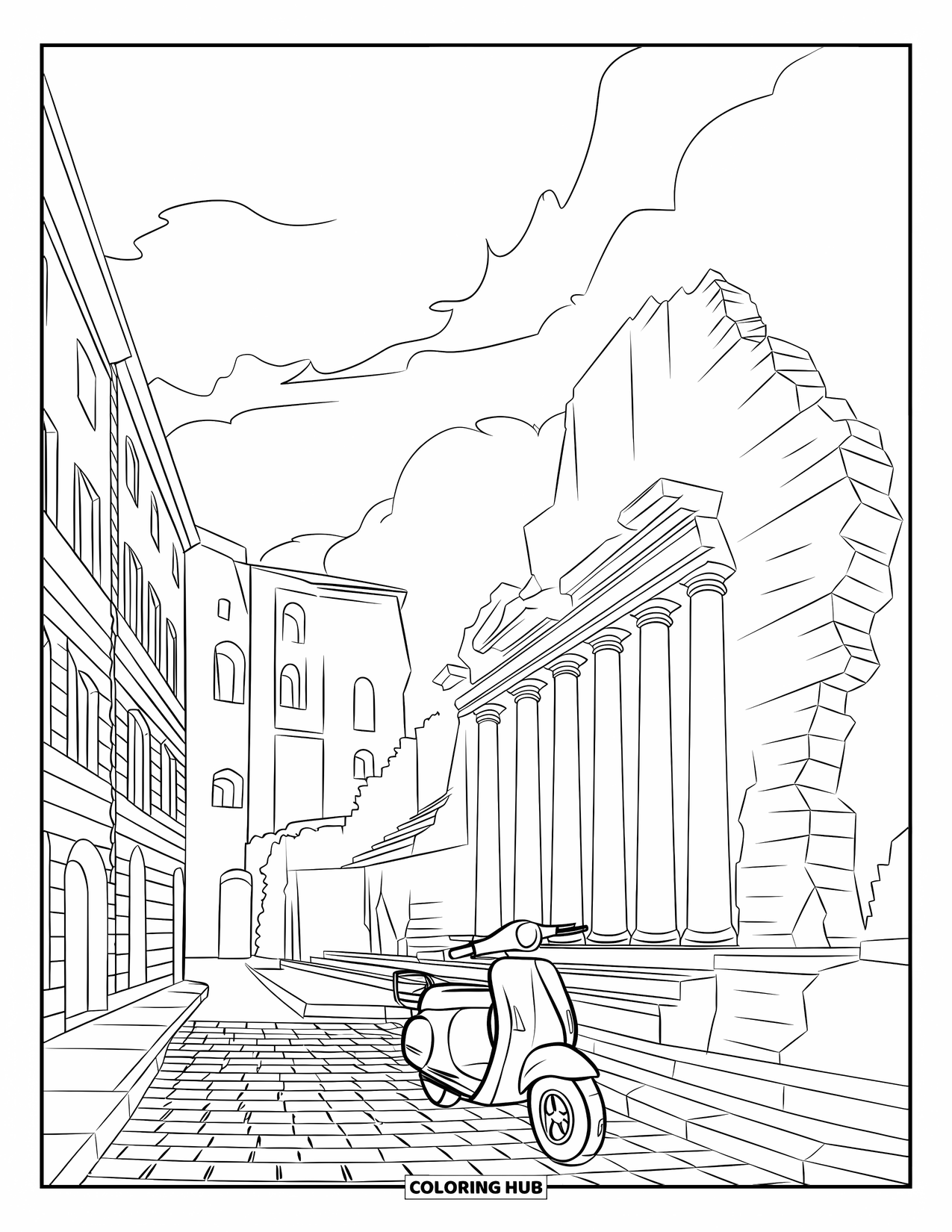 Italy Coloring Page for Kids: A scooter rests near ancient ruins on a cobbled Roman street with clear skies