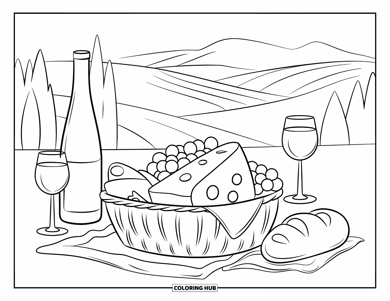 Italy Coloring Page for Kids: A Tuscan picnic includes cheese, olives, and wine with hills in the background
