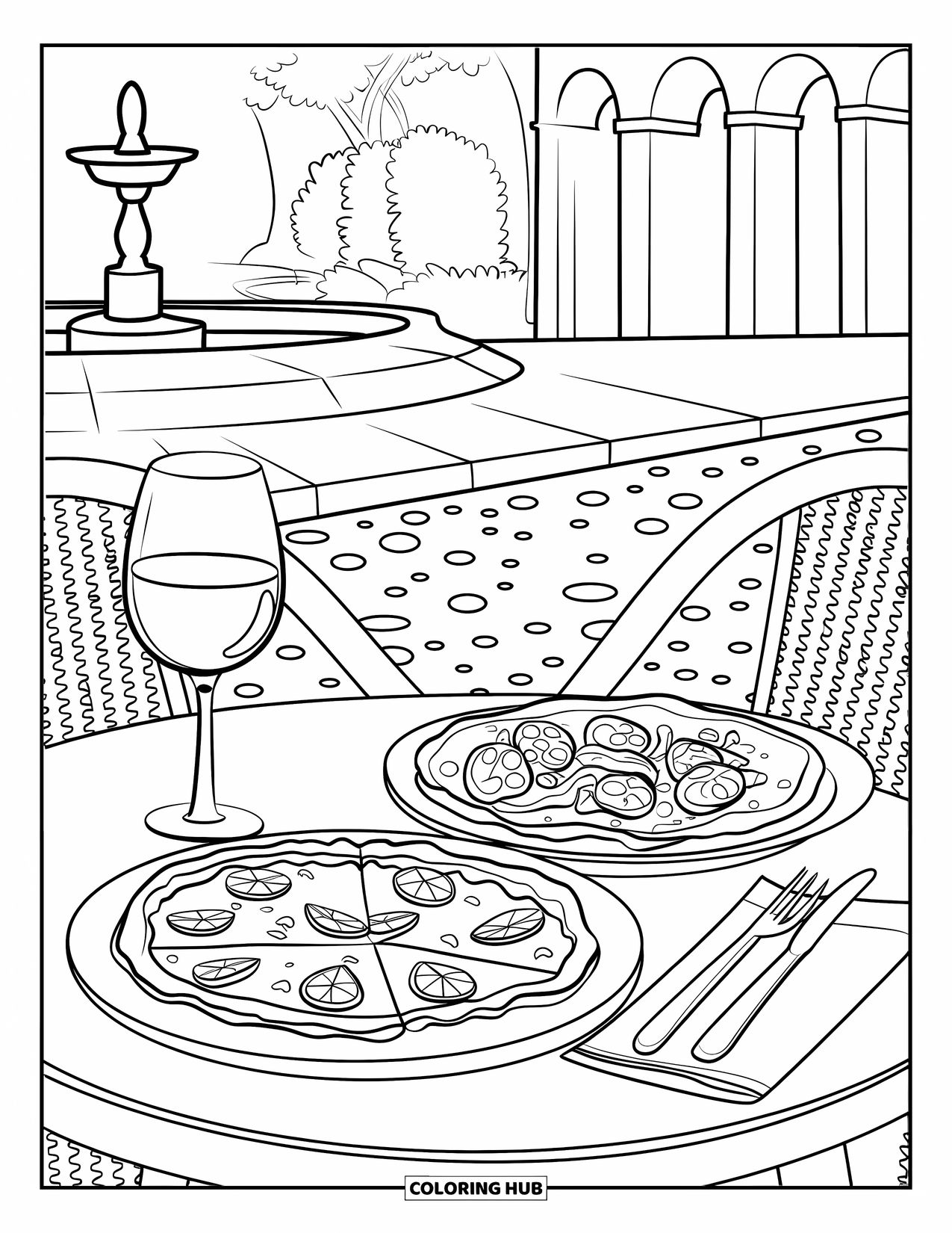 Italy Coloring Page for Kids: An Italian café table features pasta, wine, and a fountain in the background