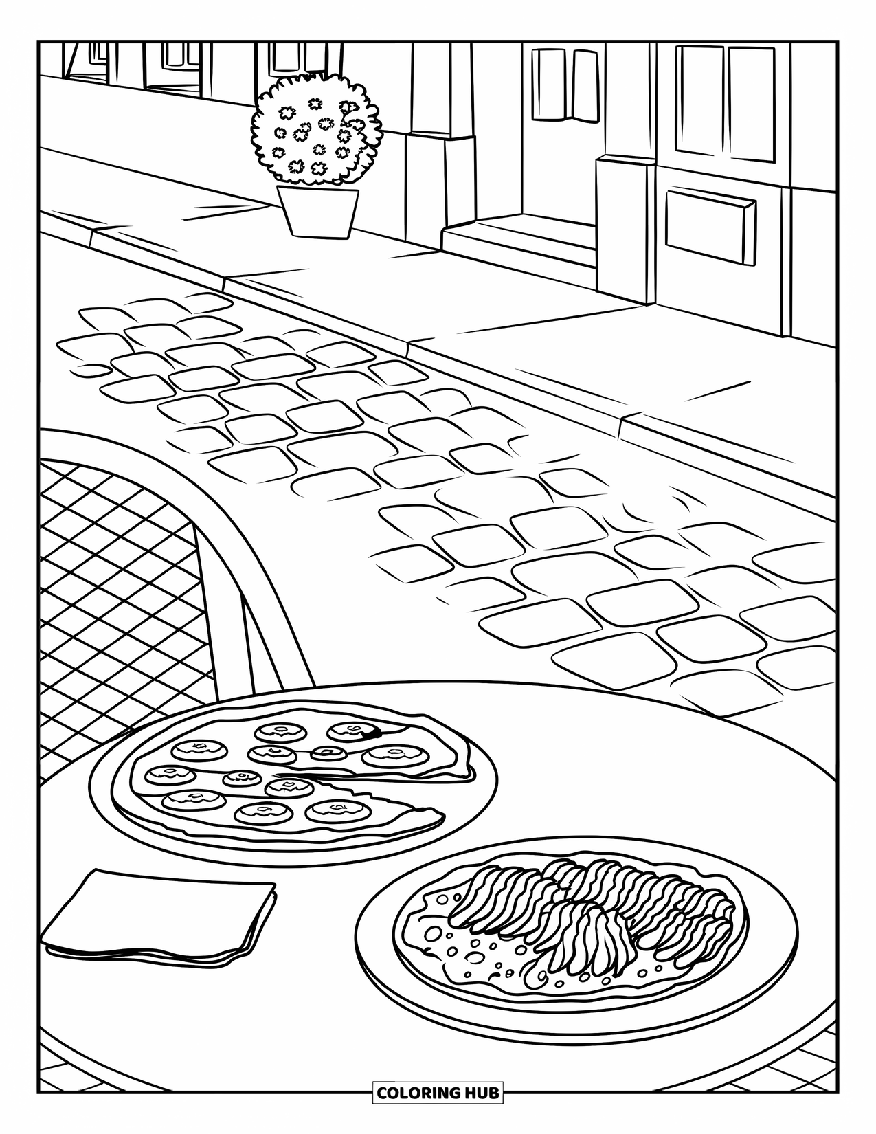 Italy Coloring Page for Kids: An outdoor table offers pizza, pasta, and a potted plant beside a quaint street