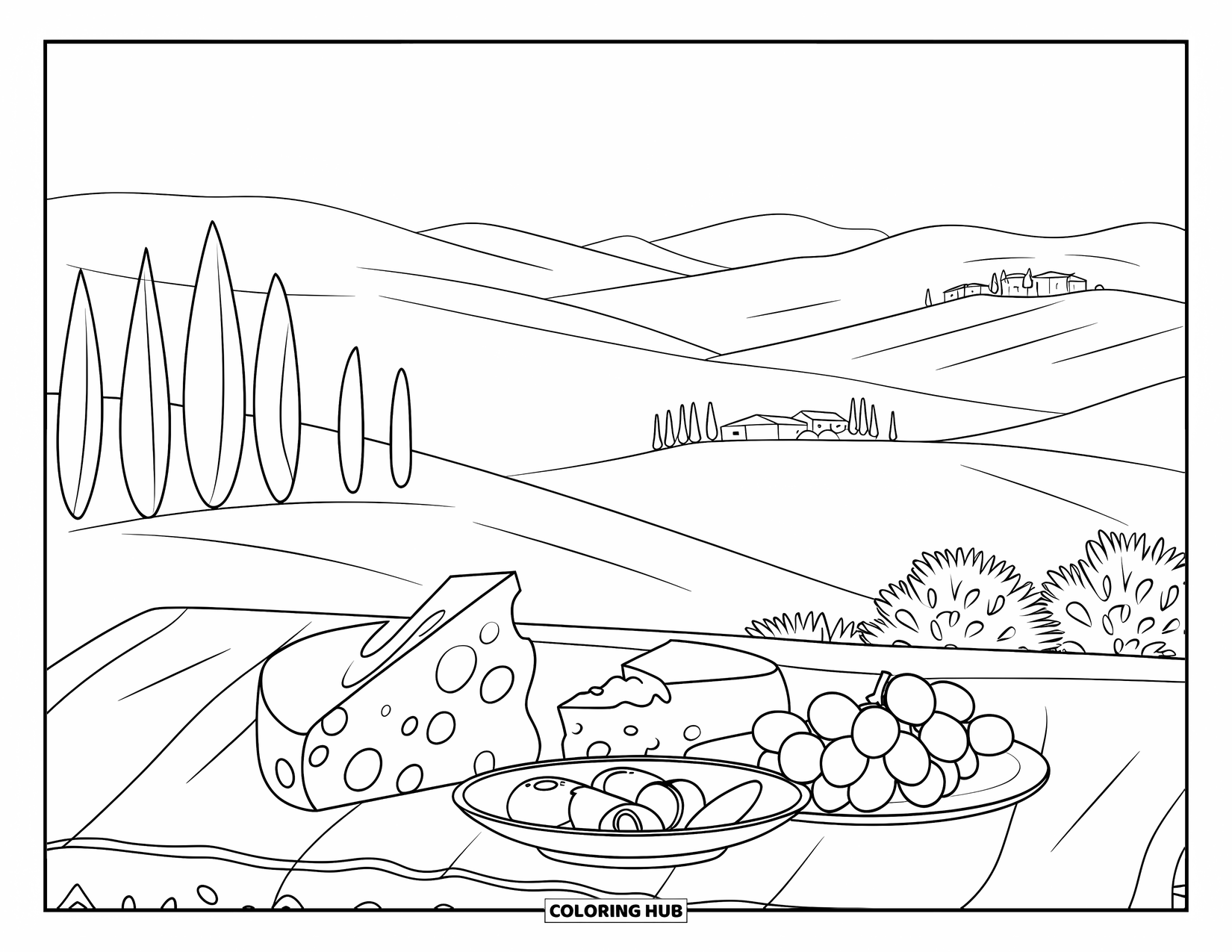 Italy Coloring Page for Kids: Cheese and wine sit on a table near the hills and villages of Tuscany