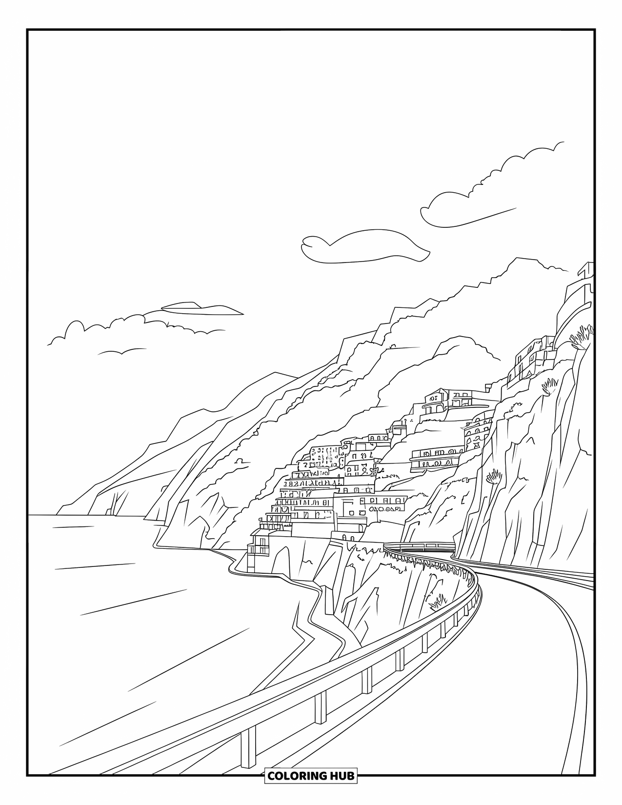 Italy Coloring Page for Kids: Cliffside roads and coastal towns highlight the beauty of the Amalfi Coast