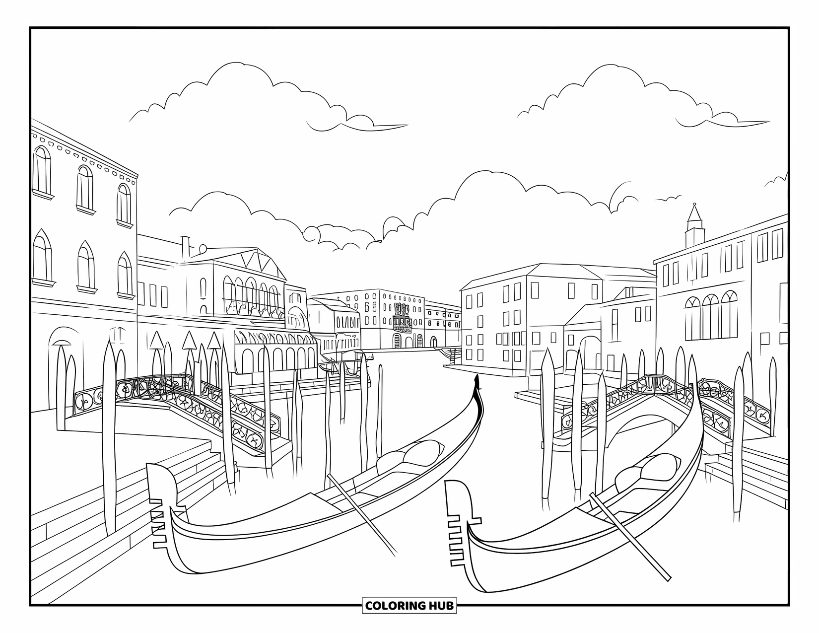 Italy Coloring Page for Kids: Gondolas float in Venice's canals near red-roofed buildings and iron-railed bridges