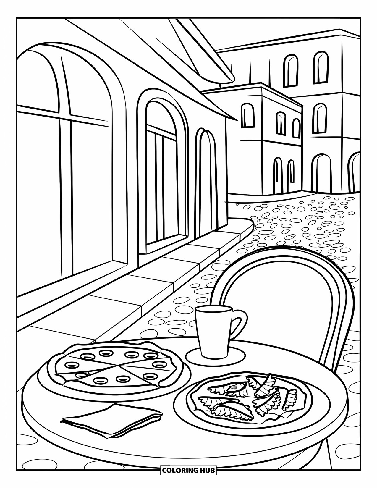 Italy Coloring Page for Kids: Pizza and pasta sit on a checkered tablecloth in a cozy Italian café