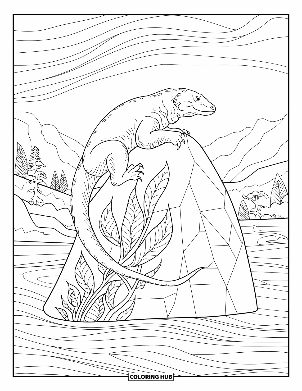 Komodo Dragon Coloring Page for Adults: Komodo dragon climbs a boulder wrapped in stained glass vines and swirls