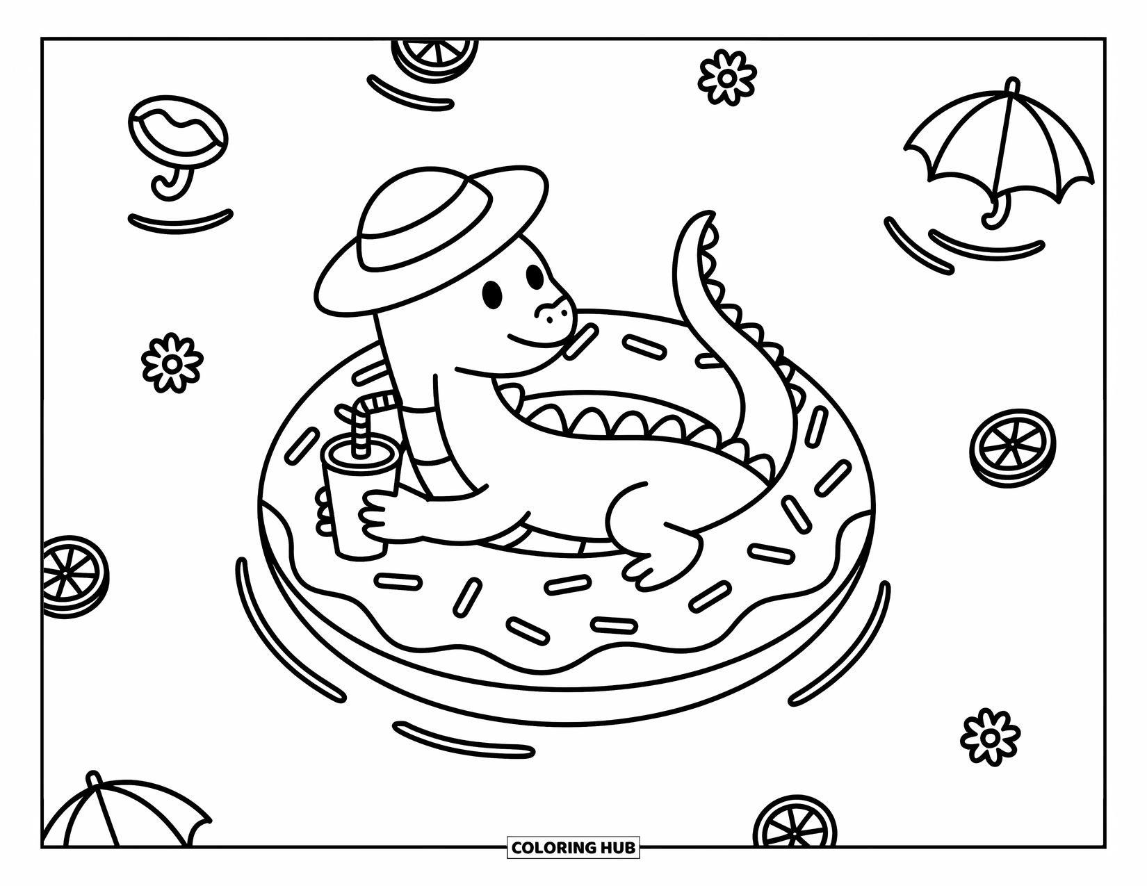 Komodo Dragon Coloring Page for Adults: Komodo dragon floats in a donut pool float with a drink and tiny summer doodles