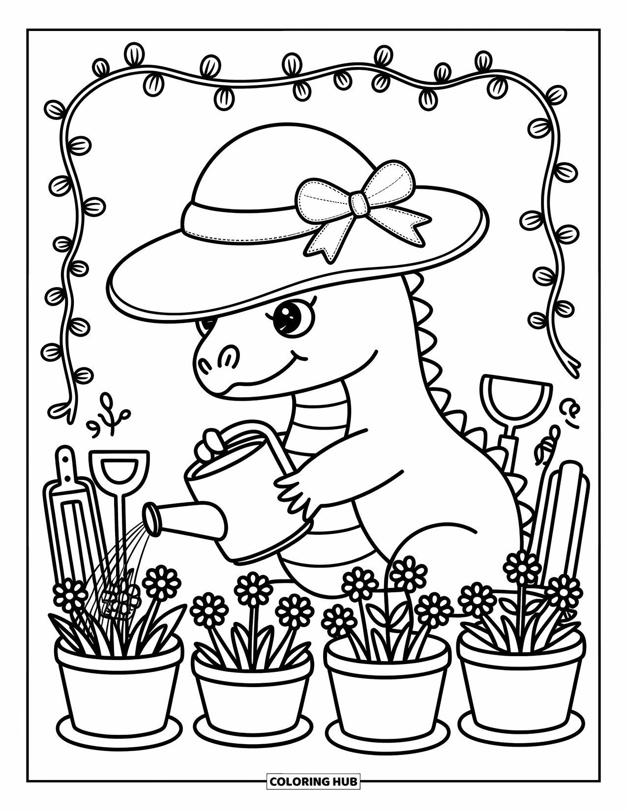 Komodo Dragon Coloring Page for Adults: Komodo dragon in a floppy hat waters flowers with vines and tools nearby