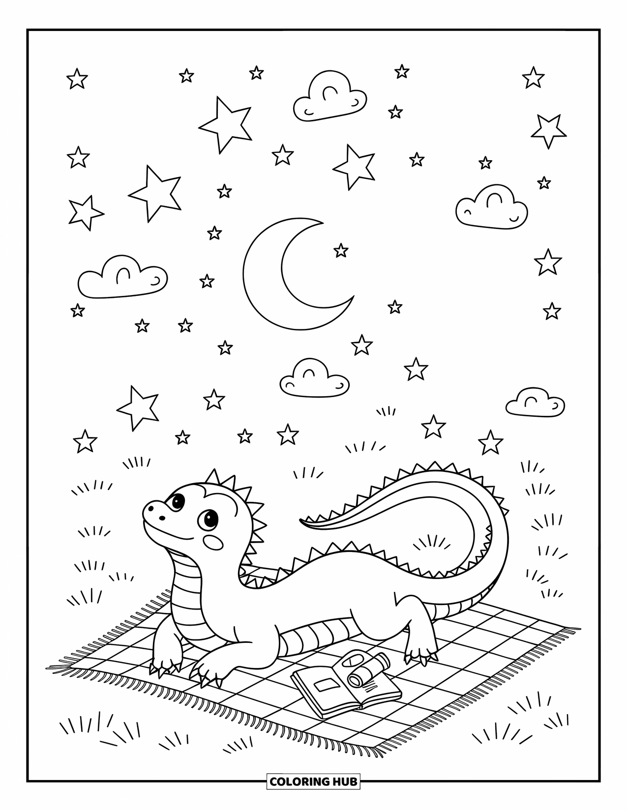 Komodo Dragon Coloring Page for Adults: Komodo dragon lies on a blanket under stars with sparkles, clouds, and cozy items