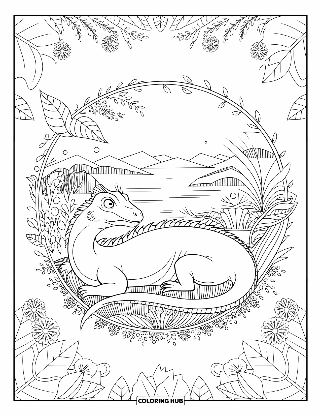 Komodo Dragon Coloring Page for Adults: Komodo dragon lies peacefully in a floral garden surrounded by nature
